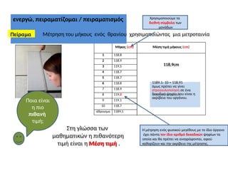 Η μέτρηση ενός φυσικού μεγέθους με το ίδιο όργανο
έχει πάντα τον ίδιο αριθμό δεκαδικών ψηφίων τα
οποία και θα πρέπει να αναγράφονται, αφού
καθορίζουν και την ακρίβεια της μέτρησης.
Μήκος (cm) Μέση τιμή μήκους (cm)
1 118,8
118,9cm
1189,1: 10 = 118,91
όμως πρέπει να γίνει
στρογγυλοποίηση σε ένα
δεκαδικό ψηφίο που είναι η
ακρίβεια του οργάνου.
2 118,9
3 119,5
4 118,7
5 118,7
6 118,8
7 118,9
8 119,0
9 119,1
10 118,7
άθροισμα 1189,1
ενεργώ, πειραματίζομαι / πειραματισμός
Μέτρηση του μήκους ενός θρανίου χρησιμοποιώντας μια μετροταινία
Πείραμα
Ποια είναι
η πιο
πιθανή
τιμή;
Στη γλώσσα των
μαθηματικών η πιθανότερη
τιμή είναι η Μέση τιμή .
Χρησιμοποιούμε τα
διεθνή σύμβολα των
μονάδων
 