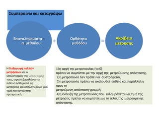 Συμπεραίνω και καταγράφω
Επαναληψιμότητ
α μεθόδου
Ορθότητα
μεθόδου
Ακρίβεια
μέτρησης
1)η αρχή της μετροταινίας (το 0)
πρέπει να συμπίπτει με την αρχή της μετρούμενης απόστασης,
2)η μετροταινία δεν πρέπει να συστρέφεται,
3)η μετροταινία πρέπει να ακολουθεί ευθεία και παράλληλη
προς τη
μετρούμενη απόσταση γραμμή,
4)η ένδειξη της μετροταινίας που εκλαμβάνεται ως τιμή της
μέτρησης πρέπει να συμπίπτει με το τέλος της μετρούμενης
απόστασης.
H διεξαγωγή πολλών
μετρήσεων και ο
υπολογισμός της
τους, αφού εξομαλύνονται
πιθανά λάθη κατά τις
μετρήσεις και υπολογίζουμε μια
τιμή πιο κοντά στην
πραγματική.
 
