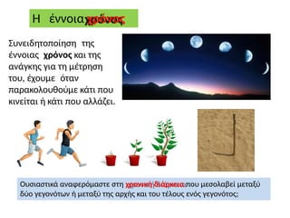 Η έννοια χρόνος
Συνειδητοποίηση της
έννοιας χρόνος και της
ανάγκης για τη μέτρηση
του, έχουμε όταν
παρακολουθούμε κάτι που
κινείται ή κάτι που αλλάζει.
Ουσιαστικά αναφερόμαστε στη χρονική διάρκεια που μεσολαβεί μεταξύ
δύο γεγονότων ή μεταξύ της αρχής και του τέλους ενός γεγονότος;
 