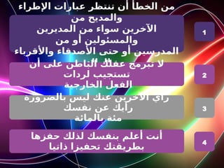 ‫اإلطراء‬ ‫عبارات‬ ‫تنتظر‬ ‫أن‬ ‫الخطأ‬ ‫من‬
‫من‬ ‫والمديح‬
‫المديرين‬ ‫من‬ ‫سواء‬ ‫اآلخرين‬
‫من‬ ‫أو‬ ‫والمسئولين‬
‫واألقرباء‬ ‫األصدقاء‬ ‫حتى‬ ‫أو‬ ‫المدرسين‬
‫الوالدين‬ ‫و‬
‫أن‬ ‫على‬ ‫الباطن‬ ‫عقلك‬ ‫تبرمج‬ ‫ال‬
‫لردات‬ ‫تستجيب‬
‫الخارجية‬ ‫الفعل‬
‫بالضرورة‬ ‫ليس‬ ‫عنك‬ ‫اآلخرين‬ ‫رأي‬
‫نفسك‬ ‫عن‬ ‫رأيك‬
‫بالمائة‬ ‫مئة‬
1
2
3
‫حفزها‬ ‫لذلك‬ ‫بنفسك‬ ‫أعلم‬ ‫أنت‬
‫ذاتيا‬ ‫تحفيزا‬ ‫بطريقتك‬
4
 
