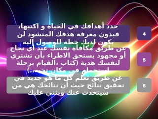 ،‫اكتبها‬ ‫و‬ ‫الحياة‬ ‫في‬ ‫أهدافك‬ ‫حدد‬
‫لن‬ ‫المنشود‬ ‫هدفك‬ ‫معرفة‬ ‫فبدون‬
‫إليه‬ ‫للوصول‬ ‫خطة‬ ‫لديك‬ ‫يكون‬
‫نجاح‬ ‫أي‬ ‫عند‬ ‫نفسك‬ ‫مكافأة‬ ‫طريق‬ ‫عن‬
‫تشتري‬ ‫بأن‬ ‫االطراء‬ ‫يستحق‬ ‫مجهود‬ ‫أو‬
(
‫برحلة‬ ‫القيام‬، ‫كتاب‬ ‫هدية‬ ‫لنفسك‬
)...‫تحبه‬ ‫مكان‬ ‫في‬ ‫استجمام‬
‫في‬ ‫جديد‬ ‫هو‬ ‫ما‬ ‫كل‬ ‫تعلم‬ ‫طريق‬ ‫عن‬
‫من‬ ‫هي‬ ‫نتائجك‬ ‫أن‬ ‫حيث‬ ‫نتائج‬ ‫تحقيق‬
‫عليك‬ ‫ويثني‬ ‫عنك‬ ‫سيتحدث‬
4
5
6
 