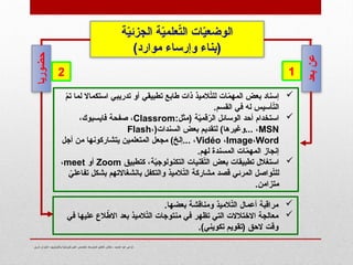 ‫شرق‬ ‫الجزائر‬- ‫وتكنولوجيا‬ ‫فيزيائية‬ ‫علوم‬ ‫تخصص‬- ‫المتوسط‬ ‫التعليم‬ ‫مفتش‬ - ‫الحميد‬ ‫عبد‬ ‫كزعي‬
‫ة‬ّ
‫ي‬‫الجزئ‬ ‫ة‬ّ
‫ي‬‫علم‬ّ
‫ت‬‫ال‬ ‫ات‬ّ
‫ي‬‫الوضع‬
)‫موارد‬ ‫وإرساء‬ ‫(بناء‬

ّ
‫م‬‫ت‬ ‫لما‬ ‫استكماال‬ ‫تدريبي‬ ‫أو‬ ‫تطبيقي‬ ‫طابع‬ ‫ذات‬ ‫الميذ‬ّ
‫ت‬‫لل‬ ‫ات‬ّ
‫م‬‫المه‬ ‫بعض‬ ‫إسناد‬
.‫القسم‬ ‫في‬ ‫له‬ ‫أسيس‬ّ
‫ت‬‫ال‬

:‫(مثل‬ ‫ة‬ّ
‫ي‬‫قم‬ّ
‫ر‬‫ال‬ ‫الوسائل‬ ‫أحد‬ ‫استخدام‬
Classrom
،‫فايسبوك‬ ‫صفحة‬ ،
MSN
(‫السندات‬ ‫بعض‬ ‫لتقديم‬ )‫وغيرها‬... ،
Flash،
Vidéo ،Image،Word
‫أجل‬ ‫من‬ ‫يتشاركونها‬ ‫المتعلمين‬ ‫مجعل‬ )‫إلخ‬... ،
.‫لهم‬ ‫المسندة‬ ‫ات‬ّ
‫م‬‫المه‬ ‫إنجاز‬

‫كتطبيق‬ ،‫ة‬ّ
‫ي‬‫التكنولوج‬ ‫قنيات‬ّ
‫ت‬‫ال‬ ‫بعض‬ ‫تطبيقات‬ ‫استغالل‬
Zoom
‫أو‬
meet
،
ّ
‫تفاعلي‬ ‫بشكل‬ ‫بانشغاالتهم‬ ‫والتكفل‬ ‫الميذ‬ّ
‫ت‬‫ال‬ ‫مشاركة‬ ‫قصد‬ ‫المرئي‬ ‫واصل‬ّ
‫ت‬‫لل‬
.‫متزامن‬

.‫بعضها‬ ‫ومناقشة‬ ‫الميذ‬ّ
‫ت‬‫ال‬ ‫أعمال‬ ‫مراقبة‬

‫في‬ ‫عليها‬ ‫الع‬ّ
‫االط‬ ‫بعد‬ ‫الميذ‬ّ
‫ت‬‫ال‬ ‫منتوجات‬ ‫في‬ ‫تظهر‬ ‫التي‬ ‫االختالالت‬ ‫معالجة‬
.)‫تكويني‬ ‫(تقويم‬ ‫الحق‬ ‫وقت‬
‫بعد‬
‫عن‬
1
‫حضوريا‬
2
 