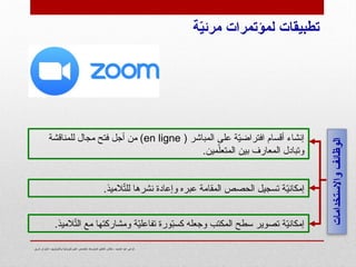 ‫شرق‬ ‫الجزائر‬- ‫وتكنولوجيا‬ ‫فيزيائية‬ ‫علوم‬ ‫تخصص‬- ‫المتوسط‬ ‫التعليم‬ ‫مفتش‬ - ‫الحميد‬ ‫عبد‬ ‫كزعي‬
‫ة‬ّ
‫ي‬‫مرئ‬ ‫لمؤتمرات‬ ‫تطبيقات‬
‫واالستخدامات‬
‫الوظائف‬
( ‫المباشر‬ ‫على‬ ‫ة‬ّ
‫ي‬‫افتراض‬ ‫أقسام‬ ‫إنشاء‬
en ligne
‫للمناقشة‬ ‫مجال‬ ‫فتح‬ ‫أجل‬ ‫من‬ )
.‫مين‬ّ‫المتعل‬ ‫بين‬ ‫المعارف‬ ‫وتبادل‬
.‫الميذ‬ّ
‫ت‬‫لل‬ ‫نشرها‬ ‫وإعادة‬ ‫عبره‬ ‫المقامة‬ ‫الحصص‬ ‫تسجيل‬ ‫ة‬ّ
‫ي‬‫إمكان‬
.‫الميذ‬ّ
‫ت‬‫ال‬ ‫مع‬ ‫ومشاركتها‬ ‫ة‬ّ
‫ي‬‫تفاعل‬ ‫ورة‬ّ
‫ب‬‫كس‬ ‫وجعله‬ ‫المكتب‬ ‫سطح‬ ‫تصوير‬ ‫ة‬ّ
‫ي‬‫إمكان‬
 