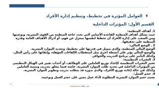 Classification: Public ‫عام‬
10
‫األفراد‬ ‫إدارة‬ ‫وتنظيم‬ ،‫تخطيط‬ ‫في‬ ‫المؤثرة‬ ‫العوامل‬
‫الداخلية‬ ‫المؤثرات‬ :‫األول‬ ‫القسم‬
1
:‫المنظمة‬ ‫أهداف‬ .
‫ونوعيتها‬ ،‫البشرية‬ ‫القوى‬ ‫من‬ ‫المنظمة‬ ‫حاجة‬ ‫تحدد‬ ‫التي‬ ‫األساس‬ ‫القاعدة‬ ‫المنظمة‬ ‫أهداف‬ ‫تشكل‬ ‫حيث‬
‫وقدرة‬ ‫العامة‬ ‫األهداف‬ ‫أدراك‬ ‫أو‬ ،‫فهم‬ ‫عن‬ ‫بمعزل‬ ‫لنفسها‬ ‫تخطط‬ ‫أن‬ ‫األفراد‬ ‫إدارة‬ ‫على‬ ‫الصعب‬ ‫ومن‬
.‫تحقيقها‬ ‫على‬ ‫المنظمة‬
2
:‫المالي‬ ‫الوضع‬ .
.‫البشرية‬ ‫الموارد‬ ‫وتحديد‬ ،‫تخطيط‬ ‫على‬ ‫قدرتها‬ ‫في‬ ‫يتمثل‬ ‫والذي‬ ،‫للمنظمة‬ ‫المالي‬ ‫الوضع‬
،‫المال‬ ‫رأس‬ ‫على‬ ‫وإبقائها‬ ،‫المؤهلة‬ ‫الكفاءات‬ ‫استقطاب‬ ‫مثل‬ ‫أخرى‬ ‫أنشطة‬ ‫على‬ ‫يؤثر‬ ‫المالي‬ ‫والوضع‬
.‫والحوافز‬ ‫التدريب‬ ‫برنامج‬ ‫على‬ ‫التأثير‬ ‫وكذلك‬
3
:‫التنظيمية‬ ‫التغيرات‬ .
‫التنظيمي‬ ‫الهيكل‬ ‫في‬ ‫تغيير‬ ‫أحداث‬ ‫أو‬ ،‫الوظائف‬ ‫على‬ ‫العاملين‬ ‫توزيع‬ ‫كإعداد‬ ‫التنظيمية‬ ‫التغيرات‬ ‫تعتبر‬
‫العاملين‬ ‫وتنمية‬ ‫بتدريب‬ ‫يتعلق‬ ‫فيما‬ ‫خاصة‬ ،‫البشرية‬ ‫الموارد‬ ‫طلب‬ ‫تحديد‬ ‫في‬ ‫الداخلية‬ ‫المؤثرات‬ ‫من‬
.‫البشرية‬ ‫الموارد‬ ‫وتطوير‬ ‫تدريب‬ ‫يتطلب‬ ‫قد‬ ‫بدوره‬ ‫والذي‬ ،‫األفراد‬ ‫توزيع‬ ‫إعادة‬ ‫حالة‬ ‫في‬ ‫وكذلك‬
4
:‫العمل‬ ‫حجم‬ .
.‫ونوعيته‬ ‫العمل‬ ‫حجم‬ ‫على‬ ‫معين‬ ‫عمل‬ ‫ألداء‬ ‫المطلوبة‬ ‫البشرية‬ ‫الموارد‬ ‫حجم‬ ‫يعتمد‬
 