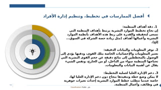 Classification: Public ‫عام‬
13
‫األفراد‬ ‫إدارة‬ ‫وتنظيم‬ ،‫تخطيط‬ ‫في‬ ‫الممارسات‬ ‫أفضل‬
1
:‫المنظمة‬ ‫أهداف‬ ‫دقة‬ .
‫التي‬ ‫المنظمة‬ ‫بأهداف‬ ‫يرتبط‬ ‫البشرية‬ ‫الموارد‬ ‫تخطيط‬ ‫نجاح‬ ‫إن‬
‫الموارد‬ ‫بأنظمة‬ ‫األهداف‬ ‫هذه‬ ‫ربط‬ ‫على‬ ‫والقدرة‬ ‫لتحقيقه‬ ‫تسعى‬
...‫السوق‬ ‫في‬ ‫الشركة‬ ‫حصة‬ ‫زيادة‬ ‫(مثل‬ ‫أهداف‬ ‫وأعمالها‬ ‫البشرية‬
.)‫إلخ‬
2
:‫الدقيقة‬ ‫والبيانات‬ ‫المعلومات‬ ‫توفر‬ .
‫إلى‬ ‫يؤدي‬ ‫ودقتها‬ ،‫القوى‬ ‫بتلك‬ ‫الخاصة‬ ‫واإلحصائيات‬ ‫المعلومات‬ ‫تعتبر‬
‫التي‬ ‫البشرية‬ ‫القوى‬ ‫حجم‬ ‫عن‬ ‫دقيقة‬ ‫نتائج‬ ‫إلى‬ ‫بالمخططين‬ ‫الوصول‬
‫الشيء‬ ‫ونفس‬ ،‫الخارج‬ ‫من‬ ‫أو‬ ،‫الداخل‬ ‫من‬ ‫سواء‬ ‫المنظمة‬ ‫تحتاجها‬
.‫والمعلومات‬ ‫البيانات‬ ‫أهمية‬ ‫عن‬ ‫يقال‬
3
:‫التخطيط‬ ‫لعملية‬ ‫العليا‬ ‫اإلدارة‬ ‫دعم‬ .
،‫لها‬ ‫العليا‬ ‫اإلدارة‬ ‫دعم‬ ‫دون‬ ‫بنجاح‬ ‫وتنفيذها‬ ‫خطة‬ ‫وضع‬ ‫يمكن‬ ‫ال‬
‫جوهرية‬ ‫تغيرات‬ ‫إحداث‬ ‫البشرية‬ ‫الموارد‬ ‫خطط‬ ‫تتطلب‬ ‫عندما‬ ‫خاصة‬
.‫المنظمة‬ ‫وأعمال‬ ،‫وطائف‬ ‫في‬
 