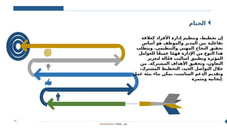Classification: Public ‫عام‬
14
‫الختام‬
‫كعالقة‬ ‫األفراد‬ ‫إدارة‬ ‫وتنظيم‬ ،‫تخطيط‬ ‫إن‬
‫أساس‬ ‫هو‬ ‫والموظف‬ ‫المدير‬ ‫بين‬ ‫تفاعلية‬
‫ويتطلب‬ .‫والتنظيمي‬ ‫المهني‬ ‫النجاح‬ ‫تحقيق‬
‫للعوامل‬ ‫ا‬ً‫عميق‬ ‫ا‬ً‫م‬‫فه‬ ‫اإلدارة‬ ‫من‬ ‫النوع‬ ‫هذا‬
‫لتعزيز‬ ‫الة‬ّ‫ع‬‫ف‬ ‫أساليب‬ ‫وتطبيق‬ ‫المؤثرة‬
‫من‬ .‫المشتركة‬ ‫األهداف‬ ‫وتحقيق‬ ،‫التعاون‬
،‫المشترك‬ ‫التخطيط‬ ،‫الجيد‬ ‫التواصل‬ ‫خالل‬
‫عمل‬ ‫بيئة‬ ‫بناء‬ ‫يمكن‬ ،‫المناسب‬ ‫الدعم‬ ‫وتقديم‬
‫ومثمرة‬ ‫إيجابية‬.
 