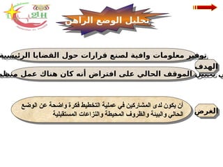 ‫الراهن‬ ‫الوضع‬ ‫تحليل‬
‫الرئيسية‬ ‫القضايا‬ ‫حول‬ ‫قرارات‬ ‫لصنع‬ ‫وافية‬ ‫معلومات‬ ‫توفير‬
‫الوضع‬ ‫عن‬ ‫واضحة‬ ‫فكرة‬ ‫التخطيط‬ ‫عملية‬ ‫في‬ ‫المشاركين‬ ‫لدى‬ ‫يكون‬ ‫أن‬
‫المستقبلية‬ ‫والنزاعات‬ ‫المحيطة‬ ‫والظروف‬ ‫والبيئة‬ ‫الحالي‬
‫منظم‬ ‫عمل‬ ‫هناك‬ ‫كان‬ ‫أنه‬ ‫افتراض‬ ‫على‬ ‫الحالي‬ ‫الموقف‬ ‫تحليل‬ ‫ى‬
‫الهدف‬
‫الغرض‬
 