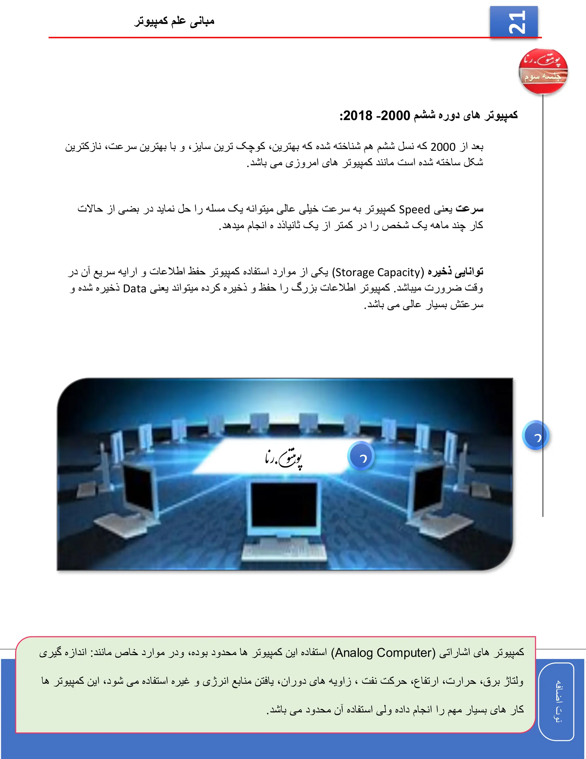 ‫کمپیوتر‬ ‫علم‬ ‫مبانی‬
‫اضافه‬
‫نوت‬
‫اضافه‬
‫نوت‬
21
‫ششم‬ ‫دوره‬ ‫های‬ ‫کمپیوتر‬
2000
-
2018
:
‫از‬ ‫بعد‬
2000
‫شده‬ ‫شناخته‬ ‫هم‬ ‫ششم‬ ‫نسل‬ ‫که‬
‫نازکترین‬ ،‫سرعت‬ ‫بهترین‬ ‫با‬ ‫و‬ ،‫سایز‬ ‫ترین‬ ‫کوچک‬ ،‫بهترین‬ ‫که‬
.‫باشد‬ ‫می‬ ‫امروزی‬ ‫های‬ ‫کمپیوتر‬ ‫مانند‬ ‫است‬ ‫شده‬ ‫ساخته‬ ‫شکل‬
‫سرعت‬
‫یعنی‬
Speed
‫حاالت‬ ‫از‬ ‫بضی‬ ‫در‬ ‫نماید‬ ‫حل‬ ‫را‬ ‫مسله‬ ‫یک‬ ‫میتوانه‬ ‫عالی‬ ‫خیلی‬ ‫سرعت‬ ‫به‬ ‫کمپیوتر‬
.‫میدهد‬ ‫انجام‬ ‫ه‬ ‫ثانیاذد‬ ‫یک‬ ‫از‬ ‫کمتر‬ ‫در‬ ‫را‬ ‫شخص‬ ‫یک‬ ‫ماهه‬ ‫چند‬ ‫کار‬
‫توانایی‬
‫ذخیره‬
(
(Storage Capacity
‫در‬ ‫آن‬ ‫سریع‬ ‫ارایه‬ ‫و‬ ‫اطالعات‬ ‫حفظ‬ ‫کمپیوتر‬ ‫استفاده‬ ‫موارد‬ ‫از‬ ‫یکی‬
‫یعنی‬ ‫میتواند‬ ‫کرده‬ ‫ذخیره‬ ‫و‬ ‫حفظ‬ ‫را‬ ‫بزرگ‬ ‫اطالعات‬ ‫کمپیوتر‬ .‫میباشد‬ ‫ضرورت‬ ‫وقت‬
Data
‫و‬ ‫شده‬ ‫ذخیره‬
.‫باشد‬ ‫می‬ ‫عالی‬ ‫بسیار‬ ‫سرعتش‬
2
( ‫اشاراتی‬ ‫های‬ ‫کمپیوتر‬
Analog Computer
)
‫بوده‬ ‫محدود‬ ‫ها‬ ‫کمپیوتر‬ ‫این‬ ‫استفاده‬
،
‫ان‬ :‫مانند‬ ‫خاص‬ ‫موارد‬ ‫ودر‬
‫گیری‬ ‫دازه‬
‫ا‬ ،‫شود‬ ‫می‬ ‫استفاده‬ ‫غیره‬ ‫و‬ ‫انرژی‬ ‫منابع‬ ‫یافتن‬ ،‫دوران‬ ‫های‬ ‫زاویه‬ ، ‫نفت‬ ‫حرکت‬ ،‫ارتفاع‬ ،‫حرارت‬ ،‫برق‬ ‫ولتاژ‬
‫ها‬ ‫کمپیوتر‬ ‫ین‬
.‫باشد‬ ‫می‬ ‫محدود‬ ‫آن‬ ‫استفاده‬ ‫ولی‬ ‫داده‬ ‫انجام‬ ‫را‬ ‫مهم‬ ‫بسیار‬ ‫های‬ ‫کار‬
‫ران‬‫ون‬‫ت‬‫هن‬‫و‬‫پ‬ 2
 