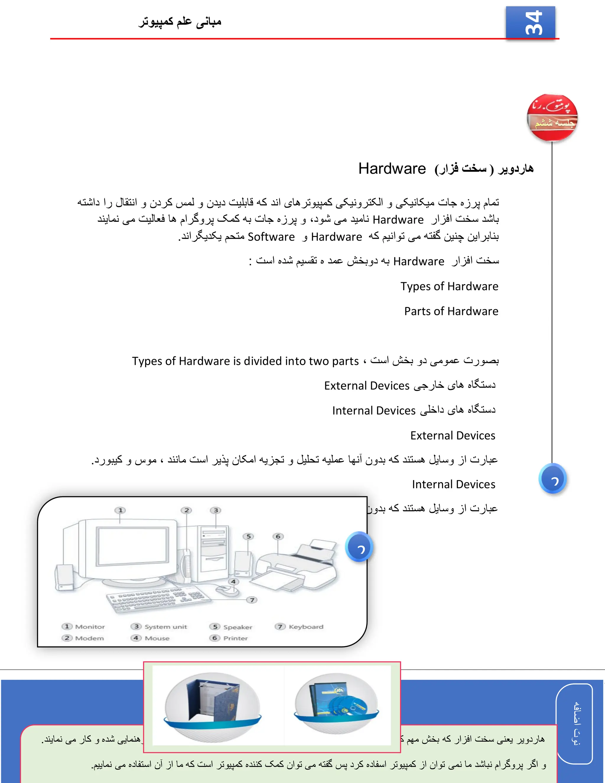 ‫کمپیوتر‬ ‫علم‬ ‫مبانی‬
‫اضافه‬
‫نوت‬
‫اضافه‬
‫نوت‬
34
)‫فزار‬ ‫سخت‬ ( ‫هاردویر‬
Hardware
‫جات‬ ‫پرزه‬ ‫تمام‬
‫اند‬ ‫کمپیوترهای‬ ‫الکترونیکی‬ ‫و‬ ‫میکانیکی‬
‫داشته‬ ‫را‬ ‫انتقال‬ ‫و‬ ‫کردن‬ ‫لمس‬ ‫و‬ ‫دیدن‬ ‫قابلیت‬ ‫که‬
‫افزار‬ ‫سخت‬ ‫باشد‬
Hardware
‫شود‬ ‫می‬ ‫نامید‬
،
‫نمایند‬ ‫می‬ ‫فعالیت‬ ‫ها‬ ‫پروگرام‬ ‫کمک‬ ‫به‬ ‫جات‬ ‫پرزه‬ ‫و‬
‫که‬ ‫توانیم‬ ‫می‬ ‫گفته‬ ‫چنین‬ ‫بنابراین‬
Hardware
‫و‬
Software
.‫یکدیگراند‬ ‫متحم‬
‫افزار‬ ‫سخت‬
Hardware
‫است‬ ‫شده‬ ‫تقسیم‬ ‫ه‬ ‫عمد‬ ‫دوبخش‬ ‫به‬
:
Types of Hardware
Parts of Hardware
‫است‬ ‫بخش‬ ‫دو‬ ‫عمومی‬ ‫بصورت‬
،
Types of Hardware is divided into two parts
‫خارجی‬ ‫های‬ ‫دستگاه‬
External Devices
‫داخلی‬ ‫های‬ ‫دستگاه‬
Internal Devices
External Devices
‫مانند‬ ‫است‬ ‫پذیر‬ ‫امکان‬ ‫تجزیه‬ ‫و‬ ‫تحلیل‬ ‫عملیه‬ ‫آنها‬ ‫بدون‬ ‫که‬ ‫هستند‬ ‫وسایل‬ ‫از‬ ‫عبارت‬
،
.‫کیبورد‬ ‫و‬ ‫موس‬
Internal Devices
‫مانند‬ ‫نیست‬ ‫پذیر‬ ‫امکان‬ ‫تجزیه‬ ‫و‬ ‫تحلیل‬ ‫عملیه‬ ‫آن‬ ‫بدون‬ ‫که‬ ‫هستند‬ ‫وسایل‬ ‫از‬ ‫عبارت‬
،
.‫روم‬ ‫و‬ ‫رم‬
2
2
‫و‬ ‫شده‬ ‫رهنمایی‬ ‫های‬ ‫پورگرام‬ ‫واسطه‬ ‫با‬ ‫را‬ ‫حسابی‬ ‫های‬ ‫عملکرد‬ ‫و‬ ‫وظایف‬ ‫که‬ ‫اند‬ ‫کمپیوتر‬ ‫مهم‬ ‫بخش‬ ‫که‬ ‫افزار‬ ‫سخت‬ ‫یعنی‬ ‫هاردویر‬
.‫نمایند‬ ‫می‬ ‫کار‬
‫نمی‬ ‫ما‬ ‫نباشد‬ ‫پروگرام‬ ‫اگر‬ ‫و‬
‫استفاده‬ ‫آن‬ ‫از‬ ‫ما‬ ‫که‬ ‫است‬ ‫کمپیوتر‬ ‫کننده‬ ‫کمک‬ ‫توان‬ ‫می‬ ‫گفته‬ ‫پس‬ ‫کرد‬ ‫اسفاده‬ ‫کمپیوتر‬ ‫از‬ ‫توان‬
‫م‬
.‫نماییم‬ ‫ی‬
 