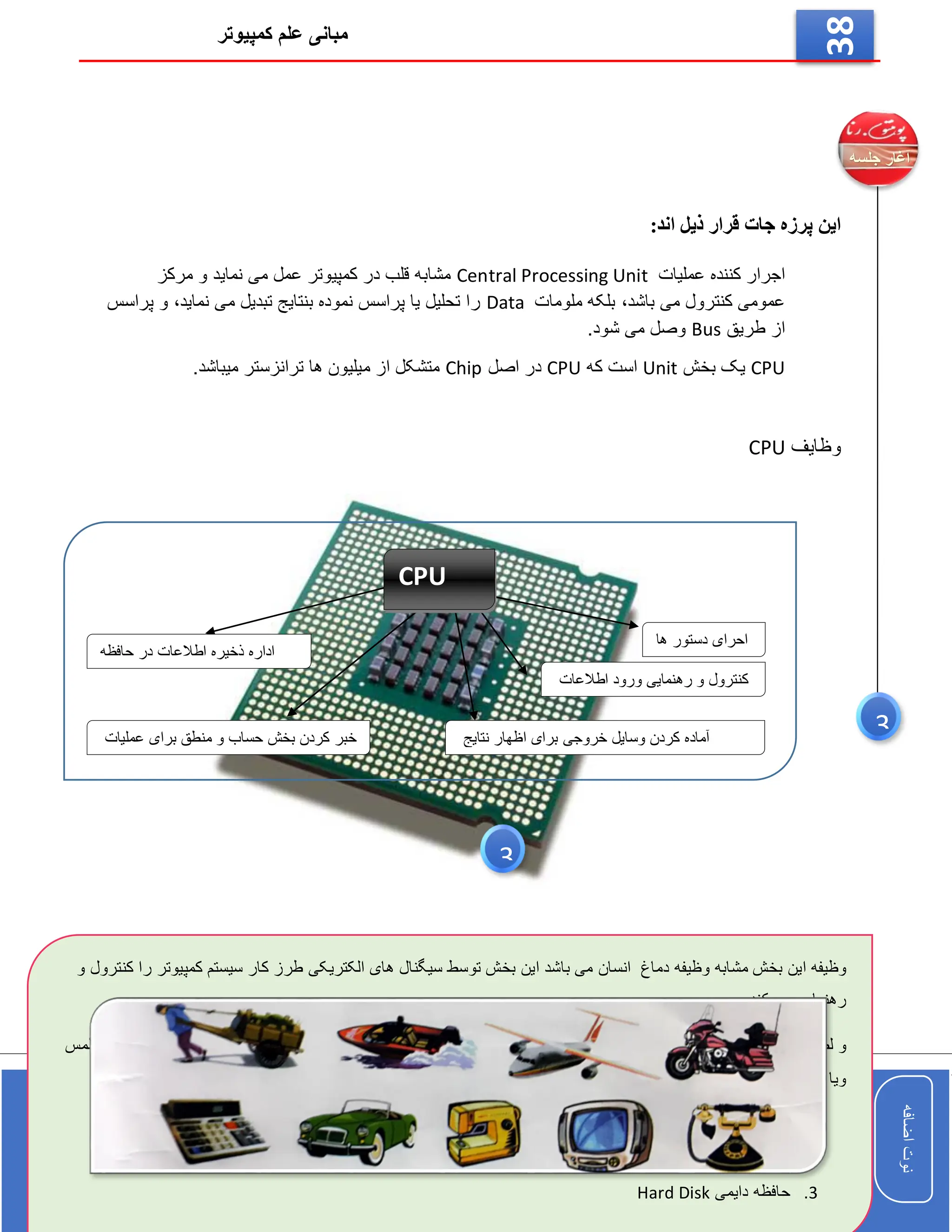 ‫کمپیوتر‬ ‫علم‬ ‫مبانی‬
‫اضافه‬
‫نوت‬
‫اضافه‬
‫نوت‬
38
:‫اند‬ ‫ذیل‬ ‫قرار‬ ‫جات‬ ‫پرزه‬ ‫این‬
‫عملیات‬ ‫کننده‬ ‫اجرار‬
Central Processing Unit
‫مرکز‬ ‫و‬ ‫نماید‬ ‫می‬ ‫عمل‬ ‫کمپیوتر‬ ‫در‬ ‫قلب‬ ‫مشابه‬
‫باشد‬ ‫می‬ ‫کنترول‬ ‫عمومی‬
،
‫ملومات‬ ‫بلکه‬
Data
‫نماید‬ ‫می‬ ‫تبدیل‬ ‫بنتایج‬ ‫نموده‬ ‫پراسس‬ ‫یا‬ ‫تحلیل‬ ‫را‬
،
‫پراسس‬ ‫و‬
‫طریق‬ ‫از‬
Bus
.‫شود‬ ‫می‬ ‫وصل‬
CPU
‫بخش‬ ‫یک‬
Unit
‫که‬ ‫است‬
CPU
‫اصل‬ ‫در‬
Chip
.‫میباشد‬ ‫ترانزستر‬ ‫ها‬ ‫میلیون‬ ‫از‬ ‫متشکل‬
‫وظایف‬
CPU
‫ها‬ ‫دستور‬ ‫احرای‬
‫اطالعات‬ ‫ورود‬ ‫رهنمایی‬ ‫و‬ ‫کنترول‬
‫حافظه‬ ‫در‬ ‫اطالعات‬ ‫ذخیره‬ ‫اداره‬
‫خبر‬
‫عملیات‬ ‫برای‬ ‫منطق‬ ‫و‬ ‫حساب‬ ‫بخش‬ ‫کردن‬ ‫نتایج‬ ‫اظهار‬ ‫برای‬ ‫خروجی‬ ‫وسایل‬ ‫کردن‬ ‫آماده‬
CPU
‫بخش‬ ‫این‬ ‫وظیفه‬
‫کمپیوتر‬ ‫سیستم‬ ‫کار‬ ‫طرز‬ ‫الکتریکی‬ ‫های‬ ‫سیگنال‬ ‫توسط‬ ‫بخش‬ ‫این‬ ‫باشد‬ ‫می‬ ‫انسان‬ ‫دماغ‬ ‫وظیفه‬ ‫مشابه‬
‫ر‬
‫و‬ ‫کنترول‬ ‫ا‬
‫کند‬ ‫می‬ ‫رهنمایی‬
‫باالی‬ ‫در‬ ُ‫ا‬‫لطف‬ ‫و‬
CPU
‫که‬ ‫مواد‬ ‫آن‬ ‫شما‬ ‫و‬ ‫دارد‬ ‫مانند‬ ‫خاکستر‬ ‫شکل‬ ‫که‬ ‫سلیکان‬ ‫بنام‬ ‫است‬ ‫مواد‬ ‫یک‬ ‫کننده‬ ‫پراسس‬ ‫یا‬
‫لمس‬ ‫است‬ ‫سلیکان‬
‫نما‬ ‫کوشش‬ ‫و‬ ‫نزند‬ ‫دست‬ ‫ویا‬
.‫نکنید‬ ‫اش‬ ‫باز‬ ‫بلکه‬ ‫نه‬ ‫ره‬ ‫دست‬ ‫گز‬ ‫هر‬ ‫نداشتین‬ ‫مهارت‬ ‫که‬ ‫تا‬ ‫ید‬
1
.
‫موقت‬ ‫حافظه‬
Ram
2
.
‫اصلی‬ ‫حافطه‬
CPU
3
.
‫دایمی‬ ‫حافظه‬
Hard Disk
3
3
 