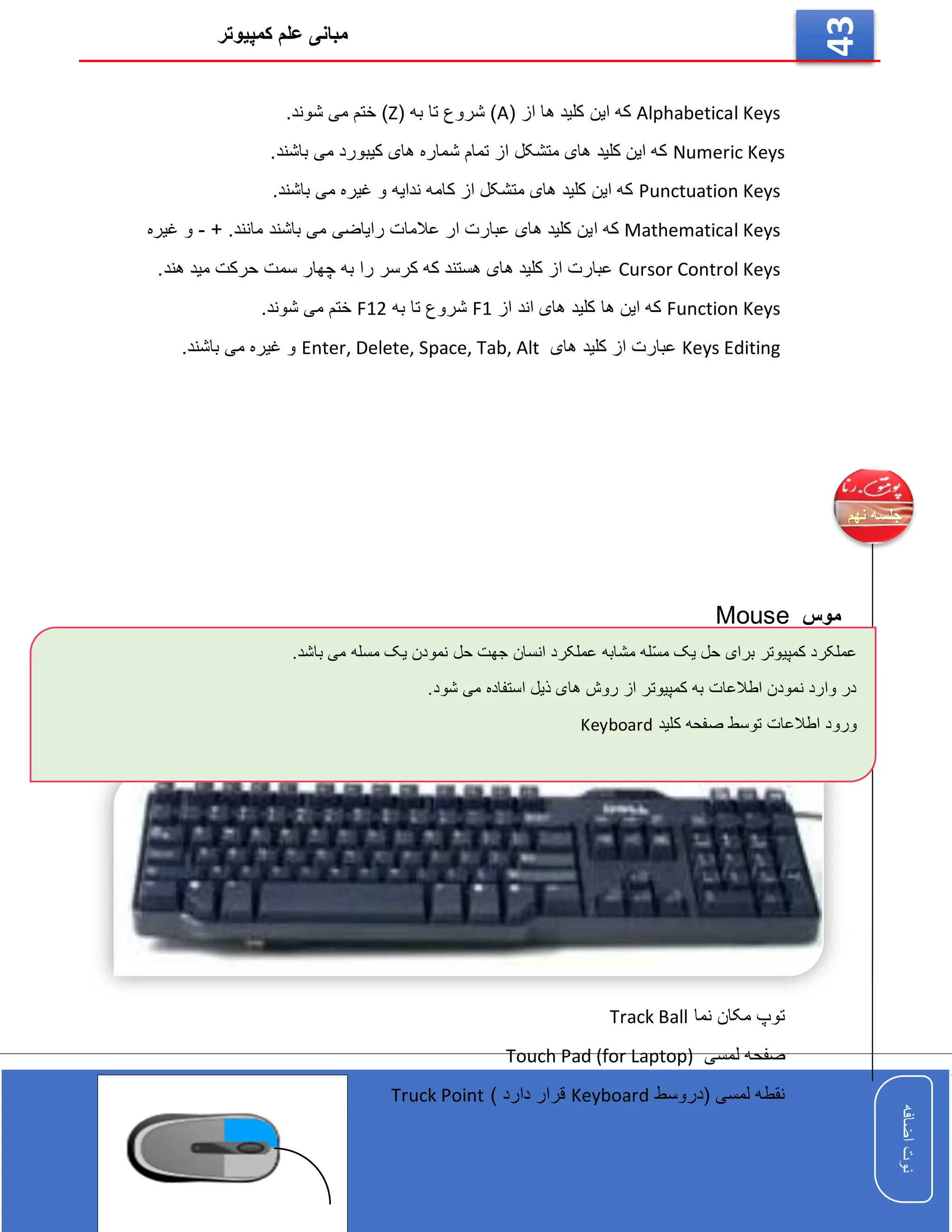 ‫کمپیوتر‬ ‫علم‬ ‫مبانی‬
‫اضافه‬
‫نوت‬
‫اضافه‬
‫نوت‬
43
Alphabetical Keys
( ‫از‬ ‫ها‬ ‫کلید‬ ‫این‬ ‫که‬
A
( ‫به‬ ‫تا‬ ‫شروع‬ )
Z
.‫شوند‬ ‫می‬ ‫ختم‬ )
Numeric Keys
.‫باشند‬ ‫می‬ ‫کیبورد‬ ‫های‬ ‫شماره‬ ‫تمام‬ ‫از‬ ‫متشکل‬ ‫های‬ ‫کلید‬ ‫این‬ ‫که‬
Punctuation Keys
.‫باشند‬ ‫می‬ ‫غیره‬ ‫و‬ ‫ندایه‬ ‫کامه‬ ‫از‬ ‫متشکل‬ ‫های‬ ‫کلید‬ ‫این‬ ‫که‬
Mathematical Keys
‫ا‬ ‫که‬
+ .‫مانند‬ ‫باشند‬ ‫می‬ ‫رایاضی‬ ‫عالمات‬ ‫ار‬ ‫عبارت‬ ‫های‬ ‫کلید‬ ‫ین‬
-
‫و‬
‫غیره‬
Cursor Control Keys
.‫هند‬ ‫مید‬ ‫حرکت‬ ‫سمت‬ ‫چهار‬ ‫به‬ ‫را‬ ‫کرسر‬ ‫که‬ ‫هستند‬ ‫های‬ ‫کلید‬ ‫از‬ ‫عبارت‬
Function Keys
‫از‬ ‫اند‬ ‫های‬ ‫کلید‬ ‫ها‬ ‫این‬ ‫که‬
F1
‫به‬ ‫تا‬ ‫شروع‬
F12
.‫شوند‬ ‫می‬ ‫ختم‬
Keys Editing
‫های‬ ‫کلید‬ ‫از‬ ‫عبارت‬
Enter, Delete, Space, Tab, Alt
.‫باشند‬ ‫می‬ ‫غیره‬ ‫و‬
‫موس‬
Mouse
‫است‬ ‫کلید‬ ‫موس‬ ‫کمپیوتر‬ ‫در‬ ‫اطالعات‬ ‫ورود‬ ‫وسیله‬ ‫ترین‬ ‫مروج‬
،
Mouse
‫پورت‬ ‫طریق‬ ‫از‬ ‫کیبل‬ ‫توسط‬
Com
‫یا‬ ‫و‬
USB
‫شود‬ ‫می‬ ‫وصل‬ ‫کمپیوتر‬ ‫به‬
،
‫(شکل‬ :‫از‬ ‫عبارت‬ ‫موس‬ ‫انواع‬
19
)
‫نما‬ ‫مکان‬ ‫توپ‬
Track Ball
‫لمسی‬ ‫صفحه‬
Touch Pad (for Laptop)
‫(دروسط‬ ‫لمسی‬ ‫نقطه‬
Keyboard
) ‫دارد‬ ‫قرار‬
Truck Point
.‫باشد‬ ‫می‬ ‫مسله‬ ‫یک‬ ‫نمودن‬ ‫حل‬ ‫جهت‬ ‫انسان‬ ‫عملکرد‬ ‫مشابه‬ ‫ّله‬‫س‬‫م‬ ‫یک‬ ‫حل‬ ‫برای‬ ‫کمپیوتر‬ ‫عملکرد‬
.‫شود‬ ‫می‬ ‫استفاده‬ ‫ذیل‬ ‫های‬ ‫روش‬ ‫از‬ ‫کمپیوتر‬ ‫به‬ ‫اطالعات‬ ‫نمودن‬ ‫وارد‬ ‫در‬
‫کلید‬ ‫صفحه‬ ‫توسط‬ ‫اطالعات‬ ‫ورود‬
Keyboard
 