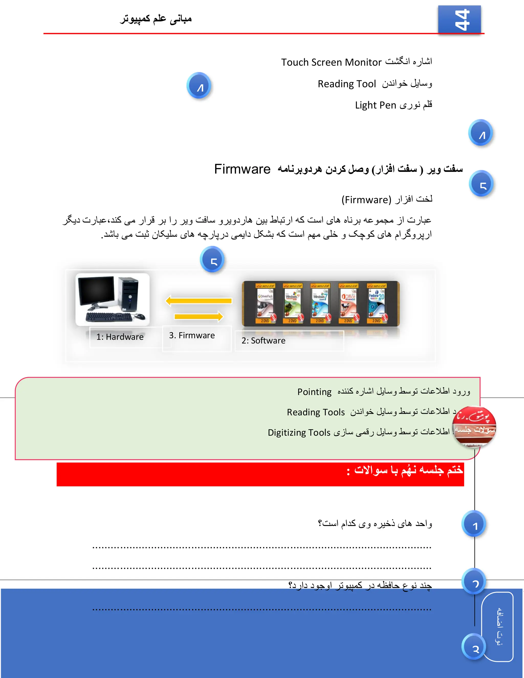 ‫کمپیوتر‬ ‫علم‬ ‫مبانی‬
‫اضافه‬
‫نوت‬
‫اضافه‬
‫نوت‬
44
‫انگشت‬ ‫اشاره‬
Touch Screen Monitor
‫خواندن‬ ‫وسایل‬
Reading Tool
‫نوری‬ ‫قلم‬
Light Pen
‫هردوبرنامه‬ ‫کردن‬ ‫وصل‬ )‫افزار‬ ‫سفت‬ ( ‫ویر‬ ‫سفت‬
Firmware
‫افزار‬ ‫لخت‬
(Firmware)
‫سافت‬ ‫هاردویرو‬ ‫بین‬ ‫ارتباط‬ ‫که‬ ‫است‬ ‫های‬ ‫برناه‬ ‫مجموعه‬ ‫از‬ ‫عبارت‬
‫کند‬ ‫می‬ ‫قرار‬ ‫بر‬ ‫را‬ ‫ویر‬
،
‫عبارت‬
‫دیگر‬
.‫باشد‬ ‫می‬ ‫ثبت‬ ‫سلیکان‬ ‫های‬ ‫درپارچه‬ ‫دایمی‬ ‫بشکل‬ ‫که‬ ‫است‬ ‫مهم‬ ‫خلی‬ ‫و‬ ‫کوچک‬ ‫های‬ ‫ارپروگرام‬
‫ختم‬
‫جلسه‬
‫م‬ُ‫ه‬‫ن‬
‫سواالت‬ ‫با‬
:
‫است؟‬ ‫کدام‬ ‫وی‬ ‫ذخیره‬ ‫های‬ ‫واحد‬
..............................................................................................................
..............................................................................................................
‫دار‬ ‫اوجود‬ ‫کمپیوتر‬ ‫در‬ ‫حافظه‬ ‫نوع‬ ‫چند‬
‫د؟‬
..............................................................................................................
1: Hardware 2: Software
3. Firmware
4
4
5
5
‫کننده‬ ‫اشاره‬ ‫وسایل‬ ‫توسط‬ ‫اطالعات‬ ‫ورود‬
Pointing
‫خواندن‬ ‫وسایل‬ ‫توسط‬ ‫اطالعات‬ ‫ورود‬
Reading Tools
‫سازی‬ ‫رقمی‬ ‫وسایل‬ ‫توسط‬ ‫اطالعات‬ ‫ورود‬
Digitizing Tools
3
1
2
 