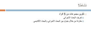‫نشاط‬
1

‫من‬ ‫مجموعات‬ ‫تكوين‬
5
‫أفراد‬

‫االجرائي‬ ‫البحث‬ ‫تعريف‬

‫األكاديمي‬ ‫والبحث‬ ‫االجرائي‬ ‫البحث‬ ‫بين‬ ‫جدول‬ ‫خالل‬ ‫من‬ ‫مقارنة‬
 