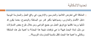 ‫تحديد‬
‫االشكالية‬

‫المشكلة‬
‫التي‬
‫تعترض‬
‫التالميذ‬
‫والمدرسين‬
،‫واإلداريين‬
‫في‬
‫واقع‬
‫العمل‬
‫والممارس‬
‫ة‬
‫اليومية‬
‫داخل‬
‫األقسام‬
،‫والمدارس‬
‫وصياغتها‬
‫بأكبر‬
‫قدر‬
‫من‬
‫البساطة‬
،‫والوضوح‬
‫بعدما‬
‫يكون‬
‫ق‬
‫د‬
‫تأملها‬
‫وربما‬
‫ناقشها‬
‫مع‬
‫فريق‬
‫العمل‬
‫من‬
‫جميع‬
‫النواحي‬
‫ومن‬
‫خالل‬
‫طرح‬
‫بعض‬
‫التساؤ‬
‫الت‬
‫من‬
‫مثل‬
:
‫لماذا‬
‫البحث‬
‫فيها؟‬
‫ما‬
‫هي‬
‫توقعات‬
‫نتيجة‬
‫هذا‬
‫البحث؟‬
‫ما‬
‫أهمية‬
‫حل‬
‫هذه‬
‫المشكل‬
‫ة‬
‫وبالتالي‬
‫ما‬
‫أهمية‬
‫هذا‬
‫البحث‬
‫ككل‬
‫بالنسبة‬
‫للممارسات‬
‫التربوية؟‬
...
 