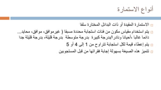 ‫االستمارة‬ ‫أنواع‬

‫سلفا‬ ‫المختارة‬ ‫البدائل‬ ‫ذات‬ ‫أو‬ ‫المقيدة‬ ‫االستمارة‬

‫مسبقا‬ ‫محددة‬ ‫استجابة‬ ‫فئات‬ ‫من‬ ‫مكون‬ ‫مقياس‬ ‫استخدام‬ ‫يتم‬
(
‫غيرموافق‬
‫مح‬ ،‫موافق‬ ،
‫ايد‬
...
‫ونادرا‬ ‫أحيانا‬، ‫غالبا‬ ‫دائما‬
/
‫قلي‬ ‫بدرجة‬ ،‫قليلة‬ ‫بدرجة‬ ‫متوسطة‬ ‫بدرجة‬ ‫كبيرة‬ ‫بدرجة‬
‫جدا‬ ‫لة‬

‫من‬ ‫تتراوح‬ ‫استجابة‬ ‫لكل‬ ‫قيمة‬ ‫إعطاء‬ ‫يتم‬
1
‫إلى‬
4
‫أو‬
5

‫المستجوبين‬ ‫قبل‬ ‫من‬ ‫فقراتها‬ ‫إجابة‬ ‫بسهولة‬ ‫الصيغة‬ ‫هذه‬ ‫تتميز‬
 