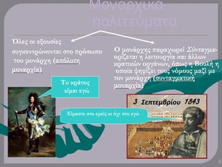 Μοναρχικά
πολιτεύματα
3
συγκεντρώνονται στο πρόσωπο
του μονάρχη (απόλυτη
μοναρχία)
Όλες οι εξουσίες
Ο μονάρχης παραχωρεί Σύνταγμα-
ορίζεται η λειτουργία και άλλων
κρατικών οργάνων, όπως η Βουλή η
οποία ψηφίζει τους νόμους μαζί με
τον μονάρχη (συνταγματική
μοναρχία)
Το κράτος
είμαι εγώ
Είμαστε στο εμείς κι όχι στο εγώ
 