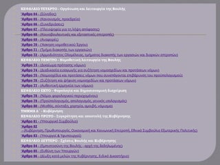  KE A AIO TETAPTO - O B
Φ Λ ργάνωση και λειτουργία της ουλής
 'Αρθρο 64 - ( )
Σύνοδος
 'Αρθρο 65 - ( , π )
Κανονισμός ροεδρείο
 'Αρθρο 66 - ( )
Συνεδριάσεις
 'Αρθρο 67 - ( π )
Πλειοψηφία για τη λήψη α όφασης
 'Αρθρο 68 - ( π π )
Κοινοβουλευτικές και εξεταστικές ε ιτρο ές
 'Αρθρο 69 - ( )
Αναφορές
 'Αρθρο 70 - ('Ασκηση )
νομοθετικού Έργου
 'Αρθρο 71 - ( π )
Τμήμα διακο ής των εργασιών
 'Αρθρο 72 - ( , π
Αρμοδιότητες Ολομέλειας τμήματος διακο ής των εργασιών και διαρκών π π
ε τρο ών)
 KE A AIO EM TO - N B
Φ Λ Π Π ομοθετική λειτουργία της ουλής
 'Αρθρο 73 - ( π )
Δικαίωμα ρότασης νόμων
 'Αρθρο 74 - ( π )
Διαδικασία εισαγωγής για συζήτηση νομοσχεδίων και ροτάσεων νόμων
 'Αρθρο 75 - ( π π π π π π )
Νομοσχέδια και ροτάσεις νόμων ου συνε άγονται ε ιβάρυνση του ροϋ ολογισμού
 'Αρθρο 76 - ( π )
Συζήτηση και ψήφιση νομοσχεδίων και ροτάσεων νόμων
 'Αρθρο 77 - ( )
Αυθεντική ερμηνεία των νόμων
 KE A AIO EKTO -
Φ Λ Φορολογία και δημοσιονομική διαχείριση
 'Αρθρο 78 - ( π )
Νόμοι φορολογικού εριεχομένου
 'Αρθρο 79 - ( π , π , )
Προϋ ολογισμός α ολογισμός γενικός ισολογισμός
 'Αρθρο 80 - ( , , , , )
Μισθός σύνταξη χορηγία αμοιβή νόμισμα
 TMHMA - K
Δ΄ υβέρνηση
 KE A AIO P TO - π K
Φ Λ Π Ω Συγκρότηση και α οστολή της υβέρνησης
 'Αρθρο 81 - ( π )
Υ ουργικό Συμβούλιο
 'Αρθρο 82
- ( , π , π π , )
Κυβέρνηση Πρωθυ ουργός Οικονομική και Κοινωνική Ε ιτρο ή Εθνικό Συμβούλιο Εξωτερικής Πολιτικής
 'Αρθρο 83 - ( π & π )
Υ ουργοί Υφυ ουργοί
 KE A AIO EYTEPO - B K
Φ Λ Δ Σχέσεις ουλής και υβέρνησης
 'Αρθρο 84 - ( π - )
Εμ ιστοσύνη της Βουλής αρχή της δεδηλωμένης
 'Αρθρο 85 - ( π )
Ευθύνη των Υ ουργών
 'Αρθρο 86 - ( , )
Δίωξη κατά μελών της Κυβέρνησης Ειδικό Δικαστήριο
 