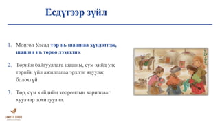 Есдүгээр зүйл
1. Монгол Улсад төр нь шашнаа хүндэтгэж,
шашин нь төрөө дээдэлнэ.
2. Төрийн байгууллага шашны, сүм хийд улс
төрийн үйл ажиллагаа эрхлэн явуулж
болохгүй.
3. Төр, сүм хийдийн хоорондын харилцааг
хуулиар зохицуулна.
 