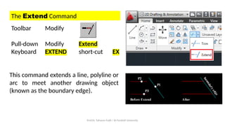 Prof.Dr. Tahseen Fadil / Al-Farahidi University
The Extend Command
Toolbar Modify
Pull-down Modify Extend
Keyboard EXTEND short-cut EX
This command extends a line, polyline or
arc to meet another drawing object
(known as the boundary edge).
 