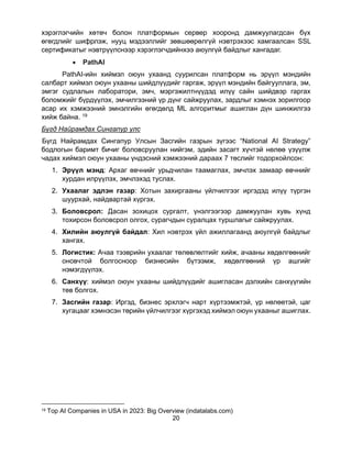 20
хэрэглэгчийн хөтөч болон платформын сервер хооронд дамжуулагдсан бүх
өгөгдлийг шифрлэж, нууц мэдээллийг зөвшөөрөлгүй нэвтрэхээс хамгаалсан SSL
сертификатыг нэвтрүүлснээр хэрэглэгчдийнхээ аюулгүй байдлыг хангадаг.
• PathAI
PathAI-ийн хиймэл оюун ухаанд суурилсан платформ нь эрүүл мэндийн
салбарт хиймэл оюун ухааны шийдлүүдийг гаргаж, эрүүл мэндийн байгууллага, эм,
эмгэг судлалын лаборатори, эмч, мэргэжилтнүүдэд илүү сайн шийдвэр гаргах
боломжийг бүрдүүлэх, эмчилгээний үр дүнг сайжруулах, зардлыг хэмнэх зорилгоор
асар их хэмжээний эмнэлгийн өгөгдөлд ML алгоритмыг ашиглан дүн шинжилгээ
хийж байна. 19
Бүгд Найрамдах Сингапур улс
Бүгд Найрамдах Сингапур Улсын Засгийн газрын зүгээс “National AI Strategy”
бодлогын баримт бичиг боловсруулан нийгэм, эдийн засагт хүчтэй нөлөө үзүүлж
чадах хиймэл оюун ухааны үндэсний хэмжээний дараах 7 төслийг тодорхойлсон:
1. Эрүүл мэнд: Архаг өвчнийг урьдчилан таамаглах, эмчлэх замаар өвчнийг
хурдан илрүүлэх, эмчлэхэд туслах.
2. Ухаалаг эдлэн газар: Хотын захиргааны үйлчилгээг иргэдэд илүү түргэн
шуурхай, найдвартай хүргэх.
3. Боловсрол: Дасан зохицох сургалт, үнэлгээгээр дамжуулан хувь хүнд
тохирсон боловсрол олгох, сурагчдын суралцах туршлагыг сайжруулах.
4. Хилийн аюулгүй байдал: Хил нэвтрэх үйл ажиллагаанд аюулгүй байдлыг
хангах.
5. Логистик: Ачаа тээврийн ухаалаг төлөвлөлтийг хийж, ачааны хөдөлгөөнийг
оновчтой болгосноор бизнесийн бүтээмж, хөдөлгөөний үр ашгийг
нэмэгдүүлэх.
6. Санхүү: хиймэл оюун ухааны шийдлүүдийг ашигласан дэлхийн санхүүгийн
төв болгох.
7. Засгийн газар: Иргэд, бизнес эрхлэгч нарт хүртээмжтэй, үр нөлөөтэй, цаг
хугацааг хэмнэсэн төрийн үйлчилгээг хүргэхэд хиймэл оюун ухааныг ашиглах.
19 Top AI Companies in USA in 2023: Big Overview (indatalabs.com)
 