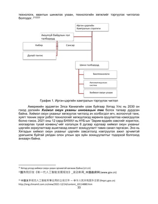33
технологи, квантын шинжлэх ухаан, технологийн хөгжлийг тэргүүлэх чиглэлээ
болгодог. 212223
График 1. Иргэн-цэргийн хамтралын тэргүүлэх чиглэл
Америкийн эрдэмтэн Элса Каниагийн үзэж буйгаар Хятад Улс нь 2030 он
гэхэд дэлхийн Хиймэл оюун ухааны инновацын төв болох талаар дурдсан
байна. Хиймэл оюун ухааныг хөгжүүлэх чиглэлд ач холбогдол өгч, жолоочгүй танк,
хуягт техник зэрэг робот технологийг хөгжүүлэхэд хөрөнгө оруулалтаа нэмэгдүүлэх
болно гэжээ. 2021 оны 12 сард БНХАУ нь НҮБ-ын “Зарим ердийн зэвсгийг хориглох,
хязгаарлах тухай конвенц”-ийг хэлэлцэх 6 дугаар хурлаар хиймэл оюун ухааныг
цэргийн зориулалтаар ашиглахад хяналт зохицуулалт тавих санал гаргасан. Энэ нь
Хятадын хиймэл оюун ухааныг цэргийн зэвсэглэлд нэвтрүүлэх ажил эрчимтэй
урагшилж буйтай уялдан олон улсын эрх зүйн зохицуулалтыг тодорхой болгоход
анхаарч байна.
21
Хятад улсад хиймэл оюун ухаан эрчимтэй хөгжиж байна (cri.cn)
22
国务院印发《新一代人工智能发展规划》_滚动新闻_中国政府网 (www.gov.cn)
23
中国关于规范人工智能军事应用的立场文件 — 中华人民共和国外交部 (fmprc.gov.cn)
http://eng.chinamil.com.cn/view/2021-12/14/content_10114880.htm
 