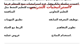 ٢
‫التدريس‬ ‫استراتيجيات‬
‫بنفسة‬ ‫المتعلم‬ ‫يقوده‬ ‫الذي‬ ‫الضمني‬ ‫والتعليم‬ ‫مباشر‬ ‫بشكل‬
‫فرصا‬ ‫للمتعلم‬ ‫تتيح‬ ‫استراتيجيات‬ ‫عدة‬ ‫مايكروهيل‬ ‫سلسلة‬ ‫اعتمدت‬
‫مثل‬ ‫النشط‬ ‫للتعليم‬ ‫متعددة‬ :
‫المناقشة‬ ‫التعاوني‬ ‫التعليم‬
‫المهمات‬ ‫تطبيق‬ ‫السابقة‬ ‫المعرفة‬ ‫توظيف‬.
‫الحياة‬ ‫مع‬ ‫الربط‬ ‫المفاهيم‬ ‫تطوير‬
‫عملية‬ ‫عروض‬ ‫النماذج‬ ‫استخدام‬.
 