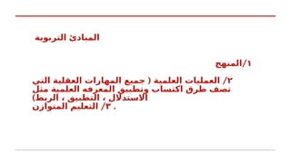 ‫التربوية‬ ‫المبادئ‬
١
/
‫المنهج‬
٢
( /
‫التي‬ ‫العقلية‬ ‫المهارات‬ ‫جميع‬ ‫العلمية‬ ‫العمليات‬
‫مثل‬ ‫العلمية‬ ‫المعرفه‬ ‫وتطبيق‬ ‫اكتساب‬ ‫طرق‬ ‫تصف‬
)‫الربط‬ ، ‫التطبيق‬ ، ‫االستدالل‬
٣
/
‫المتوازن‬ ‫التعليم‬ .
 