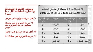 ‫الصحيحة‬ ‫العبارة‬ ‫وضحي‬
‫مما‬ ‫لكل‬ ‫الخاطئة‬ ‫والعبارة‬
‫يلي‬
‫؟‬
١
/
‫عرعر‬ ‫في‬ ‫حرارة‬ ‫درجة‬ ‫أقل‬
٢
/
‫رفحاء‬ ‫في‬ ‫الحرارة‬ ‫درجة‬
‫في‬ ‫الحرارة‬ ‫درجة‬ ‫تساوي‬
‫عرعر‬
٣
/
‫حائل‬ ‫في‬ ‫حرارة‬ ‫درجة‬ ‫أقل‬
٤
- /
‫سكاكا‬ ‫في‬ ‫الحرارة‬ ‫درجة‬
١
 