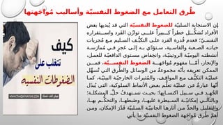 ‫هتها‬َ‫ج‬‫وا‬ُ‫م‬ ‫وأساليب‬ ‫ة‬ّ‫ي‬‫النفس‬ ‫الضغوط‬ ‫مع‬ ‫التعامل‬ ‫رق‬ُ‫ط‬
‫ة‬ّ‫السلبي‬ ‫االستجابة‬ ‫إن‬
‫ة‬ّ‫ي‬‫النفس‬ ‫للضغوط‬
‫بعض‬ ‫بديها‬ُ‫ي‬ ‫قد‬ ‫التي‬
‫تقراره‬ ‫واس‬ ‫َرد‬‫ف‬‫ال‬ ‫ن‬ُ‫ز‬‫توا‬ ‫ى‬ ‫عل‬ ً‫بيرا‬ ‫ك‬ ً‫خطرا‬ ‫ل‬ ِّ‫شك‬ُ‫ت‬ ‫األفراد‬
‫جريات‬ُ‫م‬ ‫ع‬ ‫م‬ ‫ليم‬ ‫الس‬ ‫ف‬ ُّ‫التكي‬ ‫ى‬ ‫عل‬ ‫الفرد‬ ‫درة‬ُ‫ق‬ ‫فعدم‬ ‫؛‬ّ‫ي‬ ‫النفس‬
‫ة‬ ‫س‬َ‫مار‬ُ‫م‬ ‫ي‬ ‫ف‬ ٍ‫جز‬َ‫ع‬ ‫ى‬ ‫إل‬ ‫ه‬ ‫ب‬ ‫ي‬ّ‫د‬‫تؤ‬ ‫س‬ ،‫ية‬ ‫والقاس‬ ‫عبة‬ ‫الص‬ ‫ه‬ ‫حيات‬
،‫ل‬ ‫للعم‬ ‫ة‬ّ‫الدافعي‬ ‫توى‬ ‫مس‬ ‫فاض‬ِ‫خ‬‫وان‬ ،‫ة‬ّ‫الروتيني‬ ‫ة‬ّ‫اليومي‬ ‫ه‬ ‫أنشطت‬
‫ة‬ ‫ه‬َ‫ج‬‫وا‬ُ‫م‬ ‫مفهوم‬ ‫ا‬ ّ‫م‬‫أ‬ ،‫واإلنجاز‬
‫ة‬ّ‫ي‬ ‫النفس‬ ‫الضغوط‬
‫ن‬ ‫فم‬ ،
‫ل‬ِّ‫ه‬‫س‬ُ‫ت‬ ‫التي‬ ‫رق‬ُّ‫والط‬ ‫الوسائل‬ ‫من‬ ٌ‫مجموعة‬ ‫ه‬ّ‫بأن‬ ‫تعريفه‬ ‫الممكن‬
‫ا‬ ‫كم‬ ،‫ة‬ّ‫البيئي‬ ‫ة‬ّ‫الخارجي‬ ‫ثيرات‬ُ‫م‬‫وال‬ ،‫ف‬ ‫المواق‬ ‫ع‬ ‫م‬ ‫ف‬ُّ‫التكي‬ ‫ة‬ّ‫عملي‬
‫ل‬َ‫ذ‬‫ب‬ُ‫ي‬ ‫ي‬‫الت‬ ،‫لوكية‬‫الس‬ ‫األنماط‬ ‫ض‬‫بع‬ ‫م‬ُّ‫تعل‬ ‫ة‬ّ‫عملي‬ ‫ن‬‫ع‬ ٌ‫عبارة‬ ‫ا‬‫ه‬ّ‫أن‬
‫ة؛‬ ‫المشكل‬ َّ‫ل‬‫ح‬ ُ‫ف‬‫تهد‬ ‫تس‬ ‫ث‬ ‫بحي‬ ‫ها؛‬ِ‫اب‬ ‫اكتس‬ ‫بيل‬ ‫س‬ ‫ي‬ ‫ف‬ ‫د‬ ‫ه‬ُ‫ج‬‫ال‬
،‫ا‬ ‫به‬ ‫م‬ ُّ‫والتحك‬ ،‫ا‬ ‫بطه‬َ‫ض‬‫و‬ ،‫ا‬ ‫عليه‬ ‫يطرة‬ ‫الس‬ ‫ة‬ ّ‫إمكاني‬ ‫ي‬ ‫وبالتال‬
.
‫ن‬ ‫وم‬ ‫اإلمكان‬ َ‫ر‬ْ‫د‬َ‫ق‬ ‫ة‬ّ‫لبي‬ ‫الس‬ ‫ة‬ّ‫الجانبي‬ ‫ا‬ ‫آثاره‬ ‫ن‬ ‫م‬ ِّ‫د‬‫والح‬ ‫ل‬ ‫والتقلي‬
‫يأتي‬ ‫ما‬ ‫ة‬ّ‫النفسي‬ ‫الضغوط‬ ‫هة‬َ‫ج‬‫وا‬ُ‫م‬ ‫رق‬ُ‫ط‬ ّ‫م‬‫أه‬
 