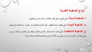 ‫النفسية‬ ‫الضغوط‬ ‫أنواع‬
:‫السيئة‬ ‫الضغوط‬ .‫أ‬
.‫بالضيق‬ ‫وتسمى‬ ،‫زائدة‬ ‫مطالب‬ ‫الفرد‬ ‫على‬ ‫تفرض‬ ‫التي‬
:‫الجيدة‬ ‫الضغوط‬ .‫ب‬
.‫الرياضية‬ ‫المنافسة‬ ‫أو‬ ،‫السفر‬، ‫لالختبارات‬ ‫االعداد‬ ‫مثل‬ ،‫التكيف‬ ‫إعادة‬ ‫تتطلب‬ ‫التي‬
:‫المنخفضة‬ ‫الضغوط‬ .‫ج‬
‫ويرى‬ .‫واإلثارة‬ ،‫التحدي‬ ‫إلى‬ ‫ويفتقر‬ ،‫بالملل‬ ‫اإلنسان‬ ‫يشعر‬ ‫عندما‬ ‫تحدث‬ ‫التي‬
.‫حياته‬ ‫خالل‬ ‫النفسية‬ ‫الضغوط‬ ‫من‬ ‫أنواع‬ ‫ثالثة‬ ‫من‬ ‫يعاني‬ ‫وأن‬ ‫البد‬ ‫اإلنسان‬ ‫أن‬ ً‫ا‬‫أيض‬ ‫سيلي‬
 