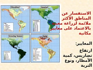 17
‫عن‬ ‫االستفسار‬
‫األكثر‬ ‫المناطق‬
‫معينة‬ ‫لزراعة‬ ‫مالئمة‬
‫معايير‬ ‫على‬ ‫باالعتماد‬
‫مكانية‬
:‫المعايير‬
‫ارتفاع‬
‫كمية‬ ،‫تضاريس‬
‫ونوع‬ ،‫األمطار‬
‫التربة‬
 