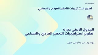 ‫دورة‬ ‫الزمني‬ ‫الجدول‬
‫والجماعي‬ ‫الفردي‬ ‫التحفيز‬ ‫استراتيجيات‬ ‫تطوير‬
.‫ننتهي‬ ‫ومتى‬ ‫نبدأ‬ ‫متى‬ ‫لنا‬ ‫يوضح‬
‫دورة‬ ‫تدريبية‬ ‫حقيبة‬
‫والجماعي‬ ‫الفردي‬ ‫التحفيز‬ ‫استراتيجيات‬ ‫تطوير‬
 