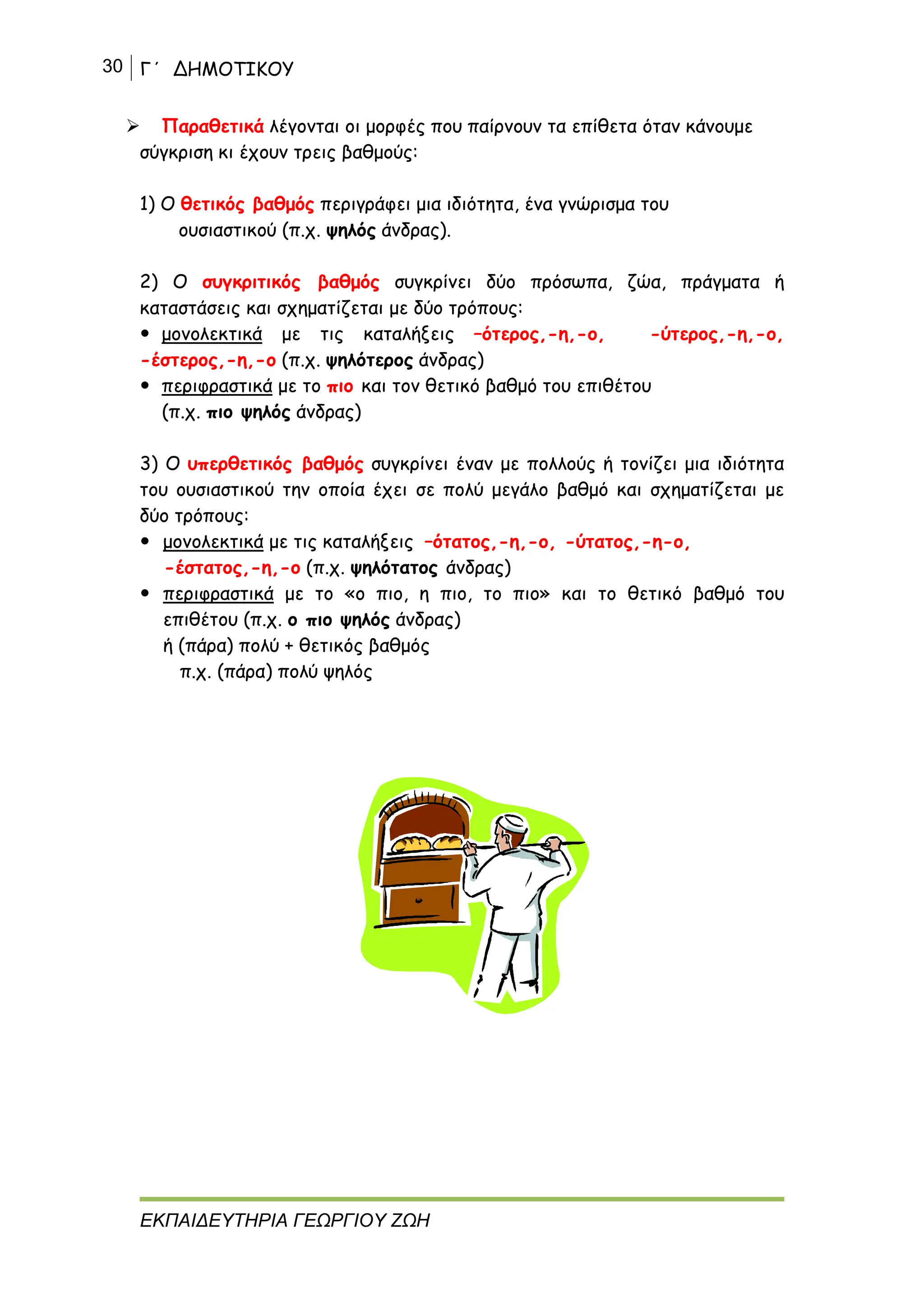 30 Γ΄ ΔΗΜΟΤΙΚΟΥ
ΕΚΠΑΙΔΕΥΤΗΡΙΑ ΓΕΩΡΓΙΟΥ ΖΩΗ
 Παραθετικά λέγονται οι μορφές που παίρνουν τα επίθετα όταν κάνουμε
σύγκριση κι έχουν τρεις βαθμούς:
1) Ο θετικός βαθμός περιγράφει μια ιδιότητα, ένα γνώρισμα του
ουσιαστικού (π.χ. ψηλός άνδρας).
2) Ο συγκριτικός βαθμός συγκρίνει δύο πρόσωπα, ζώα, πράγματα ή
καταστάσεις και σχηματίζεται με δύο τρόπους:
 μονολεκτικά με τις καταλήξεις –ότερος,-η,-ο, -ύτερος,-η,-ο,
-έστερος,-η,-ο (π.χ. ψηλότερος άνδρας)
 περιφραστικά με το πιο και τον θετικό βαθμό του επιθέτου
(π.χ. πιο ψηλός άνδρας)
3) Ο υπερθετικός βαθμός συγκρίνει έναν με πολλούς ή τονίζει μια ιδιότητα
του ουσιαστικού την οποία έχει σε πολύ μεγάλο βαθμό και σχηματίζεται με
δύο τρόπους:
 μονολεκτικά με τις καταλήξεις –ότατος,-η,-ο, -ύτατος,-η-ο,
-έστατος,-η,-ο (π.χ. ψηλότατος άνδρας)
 περιφραστικά με το «ο πιο, η πιο, το πιο» και το θετικό βαθμό του
επιθέτου (π.χ. ο πιο ψηλός άνδρας)
ή (πάρα) πολύ + θετικός βαθμός
π.χ. (πάρα) πολύ ψηλός
 