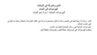 ‫النباتات‬ ‫في‬ ‫والحركة‬ ‫النمو‬
‫النبات‬ ‫في‬ ‫الهرمونات‬
‫النبات‬ ‫نمو‬ ‫مواد‬ = ‫النباتية‬ ‫الهرمونات‬
‫تنطوي‬ ‫ما‬ ‫وغالبا‬ ‫والجافة‬ ‫الطازجة‬ ‫الكتل‬ ‫في‬ ‫بزيادة‬ ‫مصحوبة‬ ‫تكون‬ ‫ما‬ ‫وعادة‬ ‫الحجم‬ ‫في‬ ‫فيها‬ ‫رجعة‬ ‫ال‬ ‫زيادة‬ :‫النمو‬
‫الخاليا‬ ‫انقسام‬ ‫على‬
.
.‫النبات‬ ‫نمو‬ ‫تنظم‬ ‫كيميائية‬ ‫رسائل‬ ‫هي‬ ‫النباتية‬ ‫الهرمونات‬.
‫لنمو‬ ‫مثبطة‬ ‫وهرمونات‬ ‫للنمو‬ ‫محثة‬ ‫هرمونات‬ ‫الي‬ ‫الهرمونات‬ ‫وتنقسم‬
 