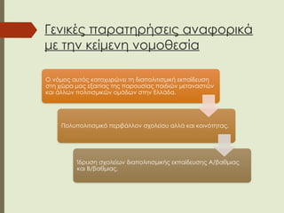 Γενικές παρατηρήσεις αναφορικά
με την κείμενη νομοθεσία
Ο νόμος αυτός κατοχυρώνει τη διαπολιτισμική εκπαίδευση
στη χώρα μας εξαιτίας της παρουσίας παιδιών μεταναστών
και άλλων πολιτισμικών ομάδων στην Ελλάδα.
Πολυπολιτισμικό περιβάλλον σχολείου αλλά και κοινότητας.
Ίδρυση σχολείων διαπολιτισμικής εκπαίδευσης Α/βαθμιας
και Β/βαθμιας.
 