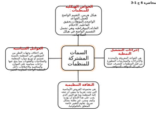 ‫لمحاضرة‬
6
‫ج‬
1
-
3
‫السمات‬
‫المشتركة‬
‫للمنظمات‬
‫الهيكلية‬ ‫الخواص‬
‫للمنظمات‬
:
,
‫الواضح‬ ‫التقييم‬ ‫هرمي‬ ‫هيكل‬
,
‫القواعد‬ ‫للعمل‬
, ,
‫تحقيق‬ ‫المؤهالت‬ ‫الواضحه‬
,
‫االحكام‬ ‫الفاعليه‬
,
‫تشمل‬ ‫وهي‬ ‫البيوقراطيه‬ ‫العادله‬
‫هيكل‬ ‫في‬ ‫الواضح‬ ‫التقسيم‬
.‫الصالحيات‬
‫التشغيل‬ ‫إجراءات‬
‫النمطية‬
‫والمحددة‬ ‫المعروفة‬ ‫القواعد‬ ‫هي‬
‫المطورة‬ ‫والممارسات‬ ‫واإلجراءات‬
‫عمليا‬ ‫للتصرف‬ ‫المنظمات‬ ‫قبل‬ ‫من‬
. ‫المتوقعة‬ ‫المواقف‬ ‫كل‬ ‫في‬
‫التنظيمية‬ ‫الثقافة‬
‫األساسية‬ ‫الفروض‬ ‫مجموعة‬ ‫هي‬
‫تتجه‬ ‫أن‬ ‫ينبغي‬ ‫ما‬ ‫تقريبا‬ ‫تحدد‬ ‫التي‬
‫الذي‬ ‫الدور‬ ‫هو‬ ‫وما‬ ‫المنظمة‬ ‫إلية‬
‫يؤديه‬ ‫أن‬ ‫ـ‬
‫ج‬‫اإلنتا‬ ‫هذا‬ ‫على‬ ‫يجب‬
.
‫بشكل‬ ‫معلنة‬ ‫غير‬ ‫ومتى‬ ‫وكيف‬
.
‫خاصة‬ ‫التغيير‬ ‫تقاوم‬ ‫صريح‬
.‫بالتكنولوجيا‬ ‫المتعلق‬
‫السياسية‬ ‫العوامل‬
‫بين‬ ‫النظر‬ ‫وجهات‬ ‫اختالف‬ ‫هي‬
‫بالنسبة‬ ‫المنظمة‬ ‫في‬ ‫الموظفين‬
‫المنظمة‬ ‫موارد‬ ‫توزيع‬ ‫أو‬ ‫تقسيم‬
‫عنها‬ ‫ينتج‬ ‫مما‬ ‫والعقوبات‬ ‫والصالحيات‬
‫ـ‬
‫د‬‫الموار‬ ‫على‬ ‫سياسية‬ ‫نزاعات‬
‫داخل‬ ‫واالختالفات‬ ‫والمنافسة‬
.‫التغيير‬ ‫كمقاومة‬ ‫الواحدة‬ ‫المنظمة‬
 