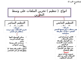 ‫وسط‬ ‫على‬ ‫الملفات‬ ‫تخزين‬ ) ‫تنظيم‬ ( ‫انواع‬
‫التخزين‬
•
‫في‬ ‫استخداما‬ ‫االكثر‬
‫السجالت‬ ‫تنظيم‬
•
‫بطريقة‬ ‫الوصول‬ ‫يتم‬
‫االبجدية‬ ‫حسب‬ ‫تتابعيه‬
‫الرقم‬ ‫او‬
•
‫اكثر‬ ‫او‬ ‫حقل‬ ‫تستخدم‬
، ‫السجل‬ ‫في‬ ‫حقل‬ ‫من‬
‫المفتاح‬ ‫حقل‬
: ‫عيوبها‬
‫جميع‬ ‫قراءة‬ ‫ضرورة‬
‫قبل‬ ‫ترد‬ ‫التي‬ ‫السجالت‬
‫المطلوب‬ ‫السجل‬
‫التتابعي‬ ‫التنظيم‬
‫للسجالت‬
‫المباشر‬ ‫التنظيم‬
) ‫(العشوائي‬ : ‫تعريفه‬
‫البعض‬ ‫بعضها‬ ‫تتبع‬ ‫سجالت‬ ‫هي‬
« «
‫بطريقة‬ ً‫ماديا‬ ‫البعض‬
‫تسلسلية‬
•
‫اليها‬ %
‫ل‬‫الوصو‬ ‫ممكن‬
‫لترتيب‬ ‫الحاجة‬ ‫دون‬
‫معين‬
•
‫وسط‬ ‫على‬ ‫تستخدم‬
‫عشوائي‬ ‫تخزين‬
: ً‫مثاال‬
‫االشرطة‬ ‫اسلوب‬
Tapes
‫ال‬
‫تصلح‬
‫التتابعي‬ ‫في‬ ‫بل‬ ‫هنا‬
: ‫تعريفه‬
‫ترتيب‬ ‫دون‬ ‫السجالت‬ ‫تخزين‬
‫تتابعي‬ ‫او‬ ‫منطقي‬
‫لمحاضرة‬
8
‫ج‬
2
-
4
 