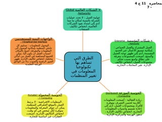 ‫لمحاضرة‬
11
‫ج‬
4
-
7
‫التي‬ ‫الطرق‬
‫بها‬ ‫تساهم‬
‫تكنولوجيا‬
‫في‬ ‫المعلومات‬
‫المنظمات‬ ‫تغيير‬
‫العالمية‬ ‫الشبكات‬ ×
Global
Networks
.
‫عمليات‬ ‫تحدد‬ ‫ال‬ : ‫العمل‬ ‫عولمة‬
‫مما‬ ‫ما‬ ‫لمكان‬ ‫بالنسبة‬ ‫الشركة‬
‫الشركات‬ ‫نفوذ‬ ‫امتداد‬ ‫إلى‬ ‫أدى‬
‫تكاليف‬ ‫انخفاض‬ ،‫العالمية‬
. ‫الصفقات‬
×
‫المؤسسة‬ ‫شبكات‬
Enterprise
Networks
:
.
: ‫الجماعي‬ ‫والعمل‬ ‫المشترك‬ ‫العمل‬
‫الحدود‬ ‫عبر‬ ‫األعمال‬ ‫تنسيق‬ ‫إمكانية‬
‫العميل‬ ‫توجه‬ ‫ظهور‬ ‫إلى‬ ‫أدى‬ ،‫المقسمة‬
‫مفرقة‬ ‫المجموعات‬ ‫أصبحت‬ ،‫والمنتج‬
‫تحكم‬ ‫بسبب‬ ‫واسع‬ ‫نطاق‬ ‫على‬
‫تكاليف‬ ‫انخفاض‬ ،‫العمل‬ ‫مجموعات‬
‫التجارية‬ ‫المعامالت‬ ‫تغير‬ ،‫اإلدارة‬
.
‫الموزعة‬ ‫ـوسبة‬
‫ح‬‫ال‬
(
Distributed
Computing
: )
.
‫المعلومات‬ ‫أصبحت‬ : ‫الفعالية‬ ‫زيادة‬
‫متوفرة‬ ‫التصرف‬ ‫لحسن‬ ‫الالزمة‬
‫إلى‬ ‫أدى‬ ،‫العمل‬ ‫ومجموعات‬ ‫لألفراد‬
‫المعلومات‬ ‫وانسياب‬ ‫تصميم‬ ‫إعادة‬
، ‫اإلدارة‬ ‫تكاليف‬ ‫انخفاض‬ .‫التجارية‬
‫اإلدارية‬ ‫والمركزية‬ ‫الهرمية‬ ‫تدهور‬
.
‫المحمولة‬ ‫الحوسبة‬
(
Portable
Computing
: )
.
‫يرتبط‬ ‫ال‬ : ‫االفتراضية‬ ‫المنظمات‬
،‫للمنظمة‬ ‫الجغرافي‬ ‫بالموقع‬ ‫العمل‬
‫والمعلومات‬ ‫المعرفة‬ ‫تتوفر‬ ‫أن‬ ‫يمكن‬
،‫وقت‬ ‫أي‬ ‫في‬ ‫شخص‬ ‫لكل‬ ‫متوفرة‬
‫ـت‬
‫ح‬‫اصب‬ ،‫اإلدارية‬ ‫التكاليف‬ ‫انخفاض‬
.‫للتجارة‬ ‫أساسية‬ ‫غير‬ ‫العقارات‬
‫ـدمين‬
‫خ‬‫للمست‬ ‫البينية‬ ‫الواجهات‬
Graphical User Interfaces
: ))
‫كل‬ ‫تساوي‬ : ‫للمعلومات‬ ‫الوصول‬ .
‫الى‬ ‫الوصول‬ ‫بإمكانية‬ ‫المنظمة‬ ‫عاملي‬
‫باإلمكان‬ ‫أصبح‬ ،‫والمعرفة‬ ‫المعلومات‬
‫يمكن‬ ،‫آليا‬ ‫يكون‬ ‫أن‬ ‫العمل‬ ‫انسياب‬
‫أماكن‬ ‫من‬ ‫العمل‬ ‫في‬ ‫المساهمة‬ ‫للجميع‬
‫ظهور‬ ،‫اإلدارة‬ ‫تكاليف‬ ‫انخفاض‬ ،‫مختلفة‬
‫الوثائق‬ ‫من‬ ‫بدال‬ ‫والصوت‬ ‫الرقمية‬ ‫الصور‬
‫التقليدية‬ ‫الورقية‬
 