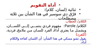 •
‫التقويم‬ ‫أداة‬
•
:)‫كالم‬ ،‫(لسان‬ ‫ثنائية‬
•
‫ثالثة‬ ‫بين‬ ‫الشأن‬ ‫هذا‬ ‫في‬ ‫سوسير‬ ‫دي‬ ‫ق‬ّ‫فر‬
‫مصطلحات‬
/
‫الخطاب‬ ‫الكالم‬
/‫الكالم‬
Parole
،‫ان‬ ‫اللس‬ ‫ى‬ ‫إل‬ ‫ي‬ ‫ينتم‬ ‫فردي‬ ‫مفهوم‬ :
.‫فردية‬ َ‫مالمح‬ ‫ن‬ ‫م‬ ‫ان‬ ‫للس‬ ‫الفرد‬ َ‫ء‬‫أدا‬ ‫يعتري‬ ‫ا‬ ‫م‬ ‫ل‬ ‫ويشم‬
)‫(للفرد‬
:
‫والكالم‬ ‫كفاءة‬ ‫اللسان‬ ‫أن‬ ‫الشأن‬ ‫هذا‬ ‫في‬ ‫مسكي‬ ‫تشو‬ ‫يقول‬
.‫أداء‬
 