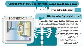 ‫الحديث‬ ‫االشعة‬ ‫جهاز‬ ‫مكونات‬
[Components of MODERN xray tube]
❖
‫و‬ ‫بالفتيل‬ ‫ويحيط‬ ‫النيكل‬ ‫من‬ ‫الفتيل‬ ‫محدد‬ ‫يصنع‬
‫من‬ ‫يتكون‬
‫على‬ ‫تعمل‬ ‫لذلك‬ ‫الكهربية‬ ‫الشحنة‬ ‫سالبة‬ ‫النيكل‬ ‫مادة‬
‫تركيز‬
‫االنود‬ ‫ال‬ ‫من‬ ‫صغيرة‬ ‫منطقة‬ ‫على‬ ‫االلكترونات‬
(
(anode
‫او‬
‫التنافر‬ ‫قوة‬ ‫بسبب‬ ‫المصعد‬
.
❖
‫بسبب‬ ‫النيكل‬ ‫من‬ ً‫مصنوعا‬ ‫يكون‬ ‫ما‬ ‫عادة‬ ‫وهو‬
:
-
1
.
‫الوزن‬ ‫خفيف‬
2
.
‫ضعيفة‬ ‫الحرارية‬ ‫الموصلية‬
3
.
‫عالية‬ ‫انصهار‬ ‫نقطة‬
.
2
-
‫الفتيل‬ ‫محدد‬
[The Focusing Cup]
3
‫الكاثود‬
[The Cathode]
 