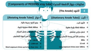 ❖
‫ثابت‬ ‫األنود‬
.
❖
‫صغيرة‬ ‫بؤرية‬ ‫نقطة‬ ‫منطقة‬
.
❖
‫منخفض‬ ‫حراري‬ ‫تحمل‬
❖
‫المح‬ ‫والجهاز‬ ‫األسنان‬ ‫وحدة‬ ‫في‬ ً‫غالبا‬ ‫يستخدم‬
‫مول‬
.
1
-
‫ثابت‬
[(Stationary Anode Tube)]
2
-
‫دوار‬
[(Rotating Anode Tube)]
❖
‫عالية‬ ‫بسرعة‬ ‫االنود‬ ‫يدور‬
.
❖
‫كبيرة‬ ‫محورية‬ ‫نقطة‬ ‫منطقة‬
.
❖
‫الحرارة‬ ‫تحمل‬ ‫على‬ ‫عالية‬ ‫قدرة‬
.
❖
‫التشخيص‬ ‫أجهزة‬ ‫في‬ ً‫غالبا‬ ‫يستخدم‬
.
❖
125 – 150 kV
❖
25 – 1200 mA
❖
Short exposure times up to less than 1ms
❖
80kv
❖
15 mA
❖
Long exposure times over 100ms
4
‫االنود‬
[The Anode]
‫الحديث‬ ‫االشعة‬ ‫جهاز‬ ‫مكونات‬
[Components of MODERN xray tube]
 