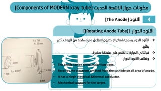 ‫الدوار‬ ‫االنود‬
[(Rotating Anode Tube)]
❖
‫ا‬
‫أل‬
‫نود‬
‫أك‬ ‫الهدف‬ ‫من‬ ‫مساحة‬ ‫مع‬ ‫للتفاعل‬ ‫اإللكترون‬ ‫لشعاع‬ ‫يسمح‬ ‫الدوار‬
‫بر‬
‫بكثير‬
.
❖
‫صغيرة‬ ‫منطقة‬ ‫على‬ ‫تقتصر‬ ‫ال‬ ‫الحرارة‬ ‫فبالتالي‬
.
❖
‫الدوار‬ ‫االنود‬ ‫وضائف‬
• The anode serves three major functions:
• Receives the electrons emitted from the cathode on all area of anode.
• It has a hiegh electrical &thermal conductor.
• Mechanical support for the target.
4
‫االنود‬
[The Anode]
‫الحديث‬ ‫االشعة‬ ‫جهاز‬ ‫مكونات‬
[Components of MODERN xray tube]
 