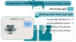 ‫الدوار‬ ‫االنود‬
[(Rotating Anode Tube)]
❖
‫يكون‬ ‫أن‬ ‫يجب‬
‫ا‬
‫أل‬
‫نود‬
‫جيد‬ ‫حراري‬ ‫موصل‬
.
❖
‫اإللكترون‬ ‫شعاع‬ ‫يضرب‬ ‫عندما‬
‫ا‬
‫أل‬
‫نود‬
‫يتم‬
‫من‬ ‫أكثر‬ ‫تحويل‬
99
‫الطاقة‬ ‫من‬ ‫المائة‬ ‫في‬
‫حرارة‬ ‫الى‬ ‫الحركية‬
.
‫و‬
1
%
‫اشعة‬ ‫الى‬
x-ray
4
‫االنود‬
[The Anode]
‫الحديث‬ ‫االشعة‬ ‫جهاز‬ ‫مكونات‬
[Components of MODERN xray tube]
 