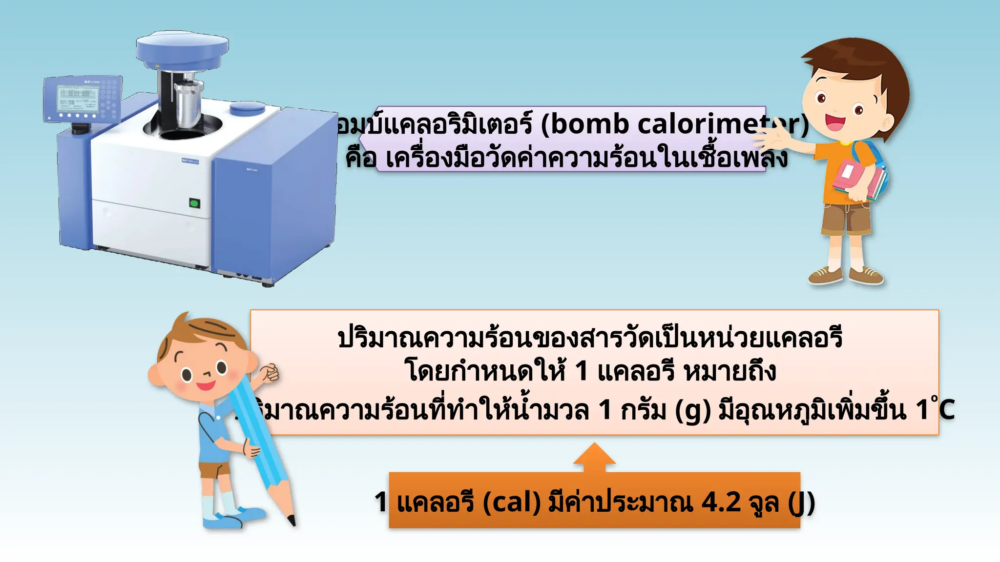 บอมบ์แคลอริมิเตอร์ (bomb calorimeter)
คือ เครื่องมือวัดค่าความร้อนในเชื้อเพลิง
1 แคลอรี (cal) มีค่าประมาณ 4.2 จูล (J)
ปริมาณความร้อนของสารวัดเป็นหน่วยแคลอรี
โดยกำหนดให้ 1 แคลอรี หมายถึง
ปริมาณความร้อนที่ทำให้น้ำมวล 1 กรัม (g) มีอุณหภูมิเพิ่มขึ้น 1º
C
 