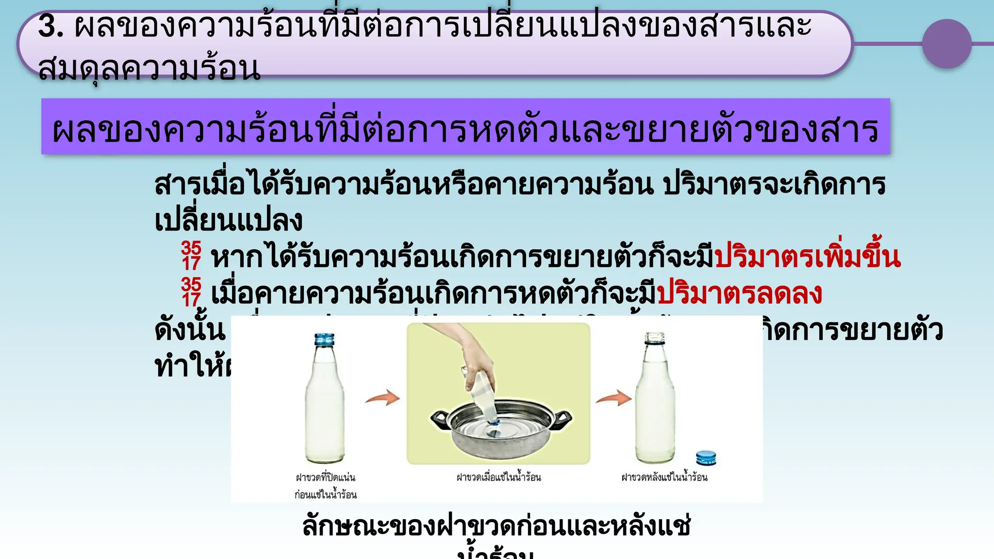 สารเมื่อได้รับความร้อนหรือคายความร้อน ปริมาตรจะเกิดการ
เปลี่ยนแปลง
 หากได้รับความร้อนเกิดการขยายตัวก็จะมีปริมาตรเพิ่มขึ้น
 เมื่อคายความร้อนเกิดการหดตัวก็จะมีปริมาตรลดลง
ดังนั้น เมื่อนำฝาขวดที่ปิดแน่นไปแช่ในน้ำร้อน จะเกิดการขยายตัว
ทำให้ฝาเปิดได้ดังภาพ
3. ผลของความร้อนที่มีต่อการเปลี่ยนแปลงของสารและ
สมดุลความร้อน
3.1
ผลของความร้อนที่มีต่อการหดตัวและขยายตัวของสาร
ลักษณะของฝาขวดก่อนและหลังแช่
 