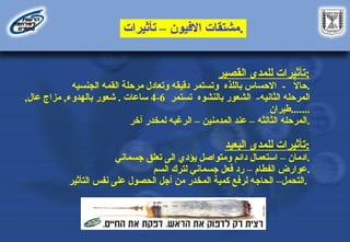 ‫االفيون‬ ‫مشتقات‬
–
‫تأثيرات‬ .
‫القصير‬ ‫للمدى‬ ‫تأثيرات‬:
ً
‫ال‬‫حا‬
-
‫باللذه‬ ‫االحساس‬
‫دقيقه‬ ‫وتستمر‬
‫الجنسيه‬ ‫القمه‬ ‫مرحلة‬ ‫وتعادل‬ .
‫الثانيه‬ ‫المرحله‬
-
‫بالنشوه‬ ‫الشعور‬
‫تستمر‬
6
-
4
‫ساعات‬
.
‫بالهدوء‬ ‫شعور‬
,
‫عال‬ ‫مزاج‬
,
‫طيران‬.......
‫الثالثه‬ ‫المرحله‬
–
‫المدمنين‬ ‫عند‬
–
‫آخر‬ ‫لمخدر‬ ‫الرغبه‬ .
‫البعيد‬ ‫للمدى‬ ‫تأثيرات‬:
‫ادمان‬
–
‫ومتواصل‬ ‫دائم‬ ‫استعمال‬
‫جسماني‬ ‫تعلق‬ ‫الى‬ ‫يؤدي‬ .
‫الفطام‬ ‫عوارض‬
–
‫السم‬ ‫لترك‬ ‫جسماني‬ ‫فعل‬ ‫رد‬ .
‫التحمل‬
–
‫التأثير‬ ‫نفس‬ ‫على‬ ‫الحصول‬ ‫أجل‬ ‫من‬ ‫المخدر‬ ‫كمية‬ ‫لرفع‬ ‫الحاجه‬ .
 