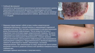 • Глубокий фолликулит
отличается от фолликулита значительным распространением в дерму,
захватывая весь волосяной фолликул и окружающую клетчатку.
Разрешается исключительно с образованием рубца, так как луковица
волосяного фолликула располагается глубоко. Длительность течения
— 7–10 дней.
• Фурункул представляет собой острое гнойно-некротическое
поражение фолликула, сальной железы и окружающей подкожной
жировой клетчатки. Рост пустулы сопровождается распространением
резко болезненной инфильтрации. После вскрытия пустулы и
отделения гноя отчетливо виден некротический стержень. На месте
отделившегося некротического стержня формируется язва. По мере
отделения гноя уменьшается болезненность, стихают явления
общего воспаления, рассасывается инфильтрация, язва выполняется
грануляциями и рубцуется. Продолжительность эволюции фурункула
зависит от реактивности тканей, локализации, состояния
макроорганизма. При локализации на лице, волосистой части головы
возникает опасность развития сепсиса или тромбоза поверхностных и
глубоких вен,
имеющих прямые анастомозы с синусами мозга.
 