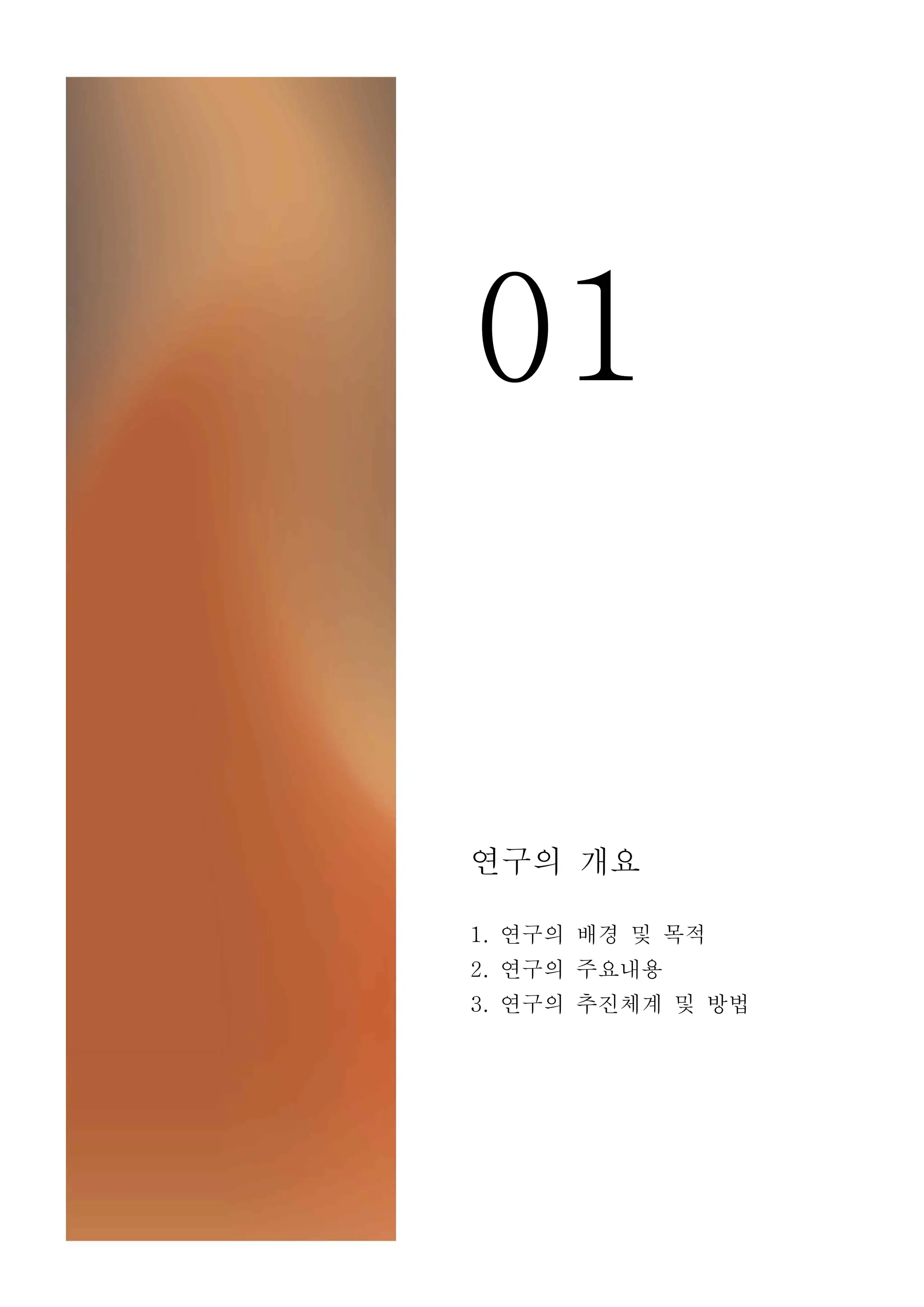 01
연구의 개요
1. 연구의 배경 및 목적
2. 연구의 주요내용
3. 연구의 추진체계 및 방법
 