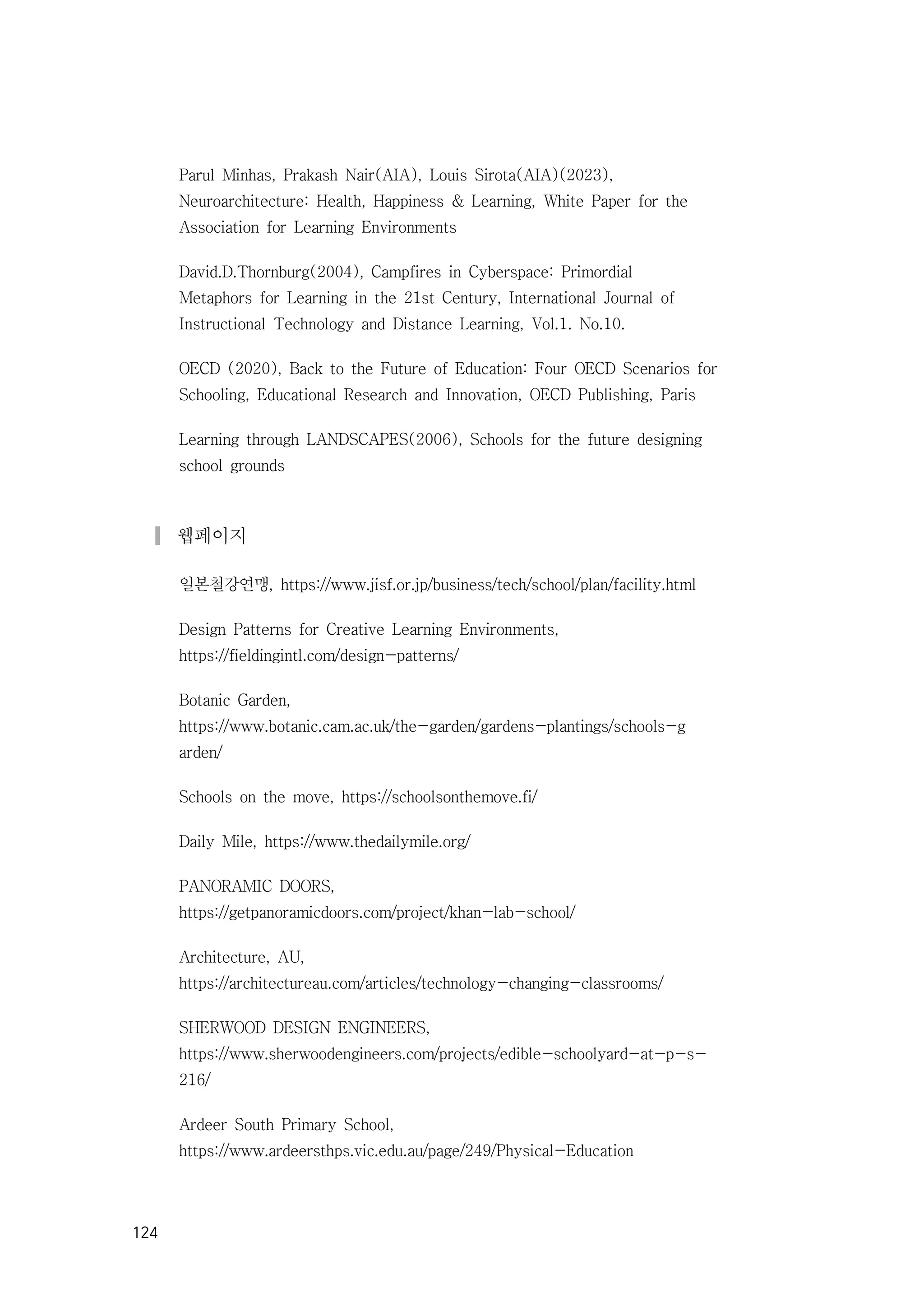 124
Parul Minhas, Prakash Nair(AIA), Louis Sirota(AIA)(2023),
Neuroarchitecture: Health, Happiness & Learning, White Paper for the
Association for Learning Environments
David.D.Thornburg(2004), Campfires in Cyberspace: Primordial
Metaphors for Learning in the 21st Century, International Journal of
Instructional Technology and Distance Learning, Vol.1. No.10.
OECD (2020), Back to the Future of Education: Four OECD Scenarios for
Schooling, Educational Research and Innovation, OECD Publishing, Paris
Learning through LANDSCAPES(2006), Schools for the future designing
school grounds
▎웹페이지
일본철강연맹, https://www.jisf.or.jp/business/tech/school/plan/facility.html
Design Patterns for Creative Learning Environments,
https://fieldingintl.com/design-patterns/
Botanic Garden,
https://www.botanic.cam.ac.uk/the-garden/gardens-plantings/schools-g
arden/
Schools on the move, https://schoolsonthemove.fi/
Daily Mile, https://www.thedailymile.org/
PANORAMIC DOORS,
https://getpanoramicdoors.com/project/khan-lab-school/
Architecture, AU,
https://architectureau.com/articles/technology-changing-classrooms/
SHERWOOD DESIGN ENGINEERS,
https://www.sherwoodengineers.com/projects/edible-schoolyard-at-p-s-
216/
Ardeer South Primary School,
https://www.ardeersthps.vic.edu.au/page/249/Physical-Education
 