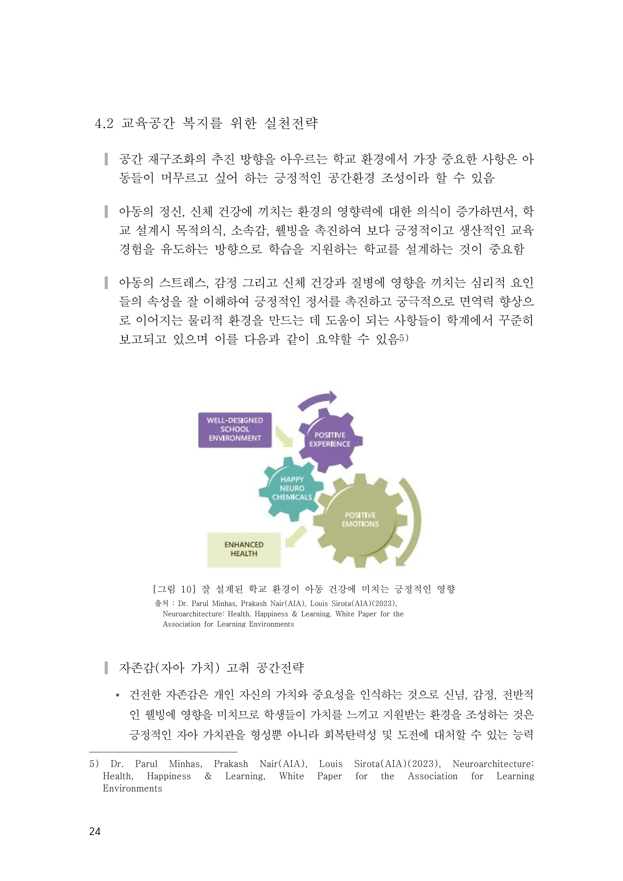 24
4.2 교육공간 복지를 위한 실천전략
▎공간 재구조화의 추진 방향을 아우르는 학교 환경에서 가장 중요한 사항은 아
동들이 머무르고 싶어 하는 긍정적인 공간환경 조성이라 할 수 있음
▎아동의 정신, 신체 건강에 끼치는 환경의 영향력에 대한 의식이 증가하면서, 학
교 설계시 목적의식, 소속감, 웰빙을 촉진하여 보다 긍정적이고 생산적인 교육
경험을 유도하는 방향으로 학습을 지원하는 학교를 설계하는 것이 중요함
▎아동의 스트레스, 감정 그리고 신체 건강과 질병에 영향을 끼치는 심리적 요인
들의 속성을 잘 이해하여 긍정적인 정서를 촉진하고 궁극적으로 면역력 향상으
로 이어지는 물리적 환경을 만드는 데 도움이 되는 사항들이 학계에서 꾸준히
보고되고 있으며 이를 다음과 같이 요약할 수 있음5)
[그림 10] 잘 설계된 학교 환경이 아동 건강에 미치는 긍정적인 영향
출처 : Dr. Parul Minhas, Prakash Nair(AIA), Louis Sirota(AIA)(2023),
Neuroarchitecture: Health, Happiness & Learning, White Paper for the
Association for Learning Environments
▎자존감(자아 가치) 고취 공간전략
Ÿ 건전한 자존감은 개인 자신의 가치와 중요성을 인식하는 것으로 신념, 감정, 전반적
인 웰빙에 영향을 미치므로 학생들이 가치를 느끼고 지원받는 환경을 조성하는 것은
긍정적인 자아 가치관을 형성뿐 아니라 회복탄력성 및 도전에 대처할 수 있는 능력
5) Dr. Parul Minhas, Prakash Nair(AIA), Louis Sirota(AIA)(2023), Neuroarchitecture:
Health, Happiness & Learning, White Paper for the Association for Learning
Environments
 